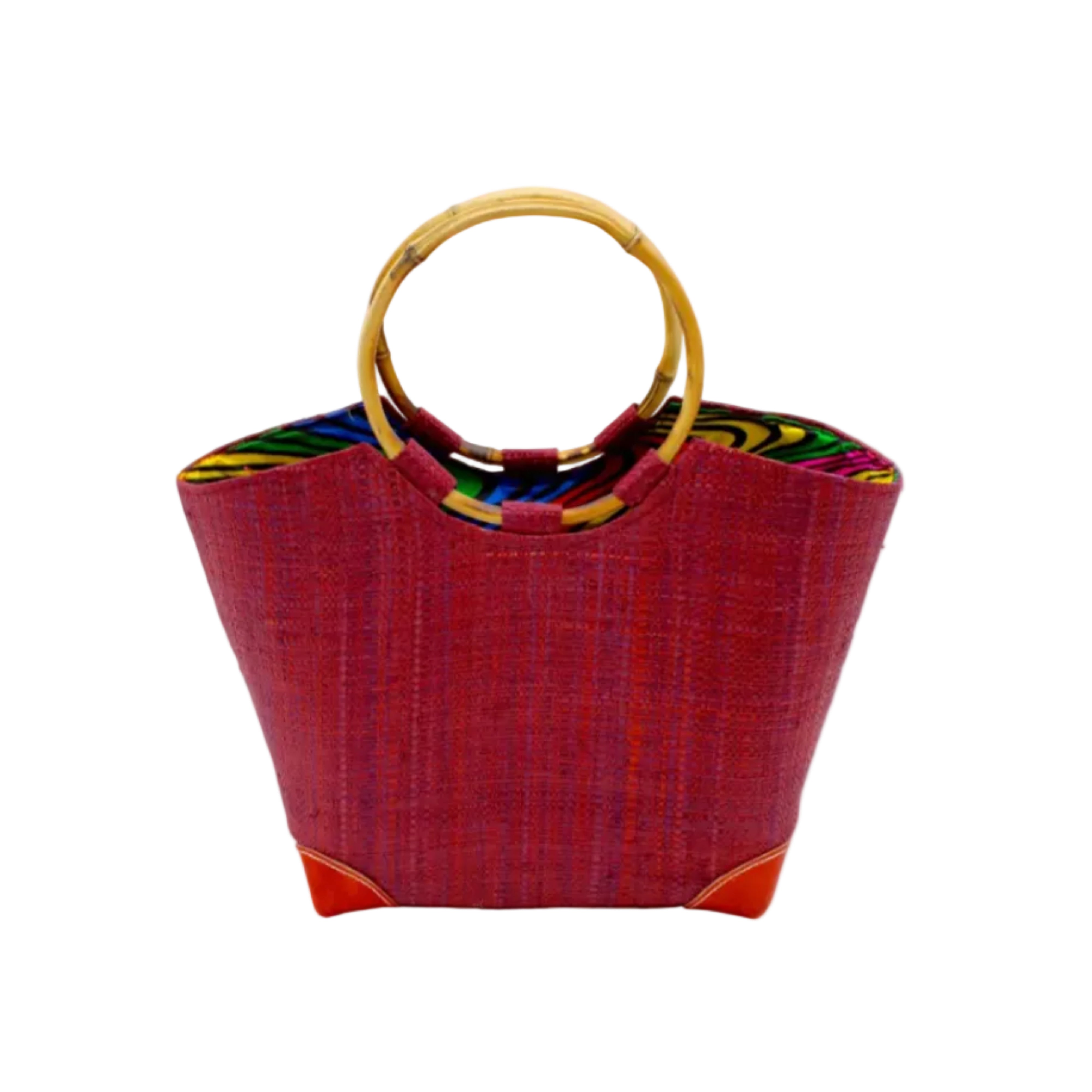 Betty Straw Bucket Bag with Bamboo Handles handmade loomed natural raffia palm fiber in a solid hue of umberwine burgundy/dark/purple/red with circular bamboo handles, leather feet, and colorful African Print wax cloth liner handbag purse tote - Shebobo