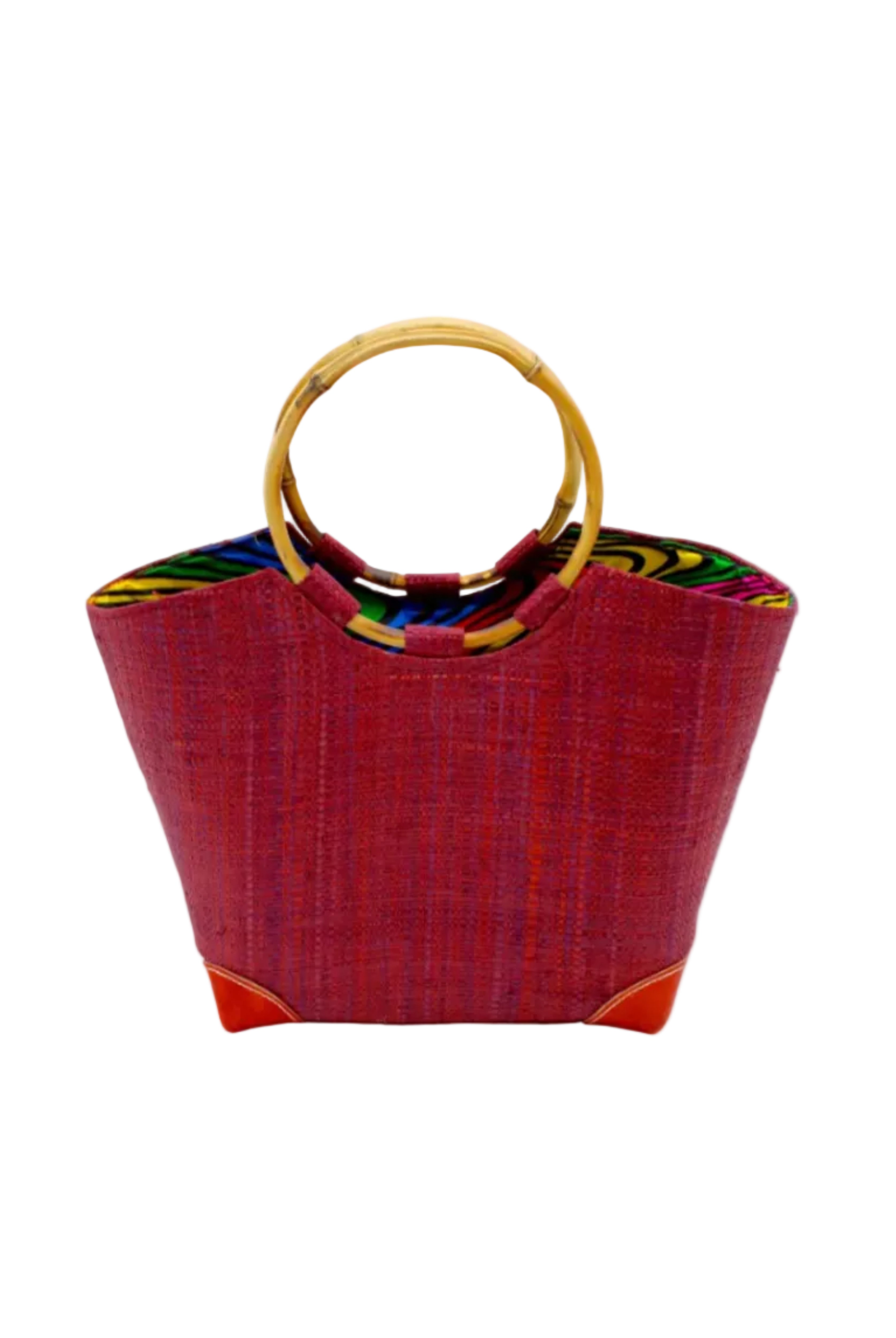 Betty Straw Bucket Bag with Bamboo Handles handmade loomed natural raffia palm fiber in a solid hue of umberwine burgundy/dark/purple/red with circular bamboo handles, leather feet, and colorful African Print wax cloth liner handbag purse tote - Shebobo