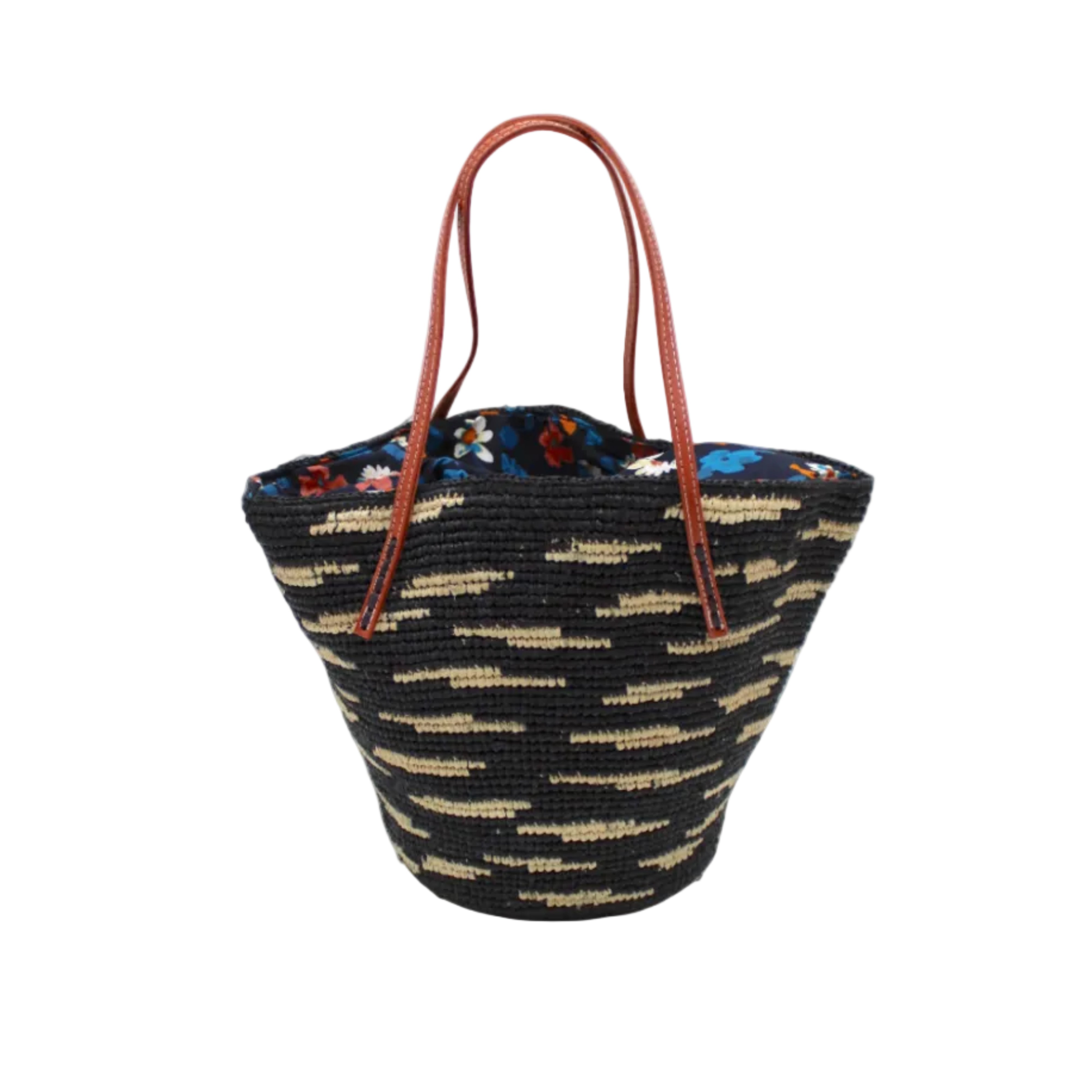 Bimini Crochet Straw Shoulder Bag Purse with Zebra Stripe handmade natural raffia palm fiber in a two tone zebra stripe of primarily Black with small horizontal asymmetrical bands of Natural straw color that create spotted stripe pattern with leather handles handbag beach bag purse - Shebobo