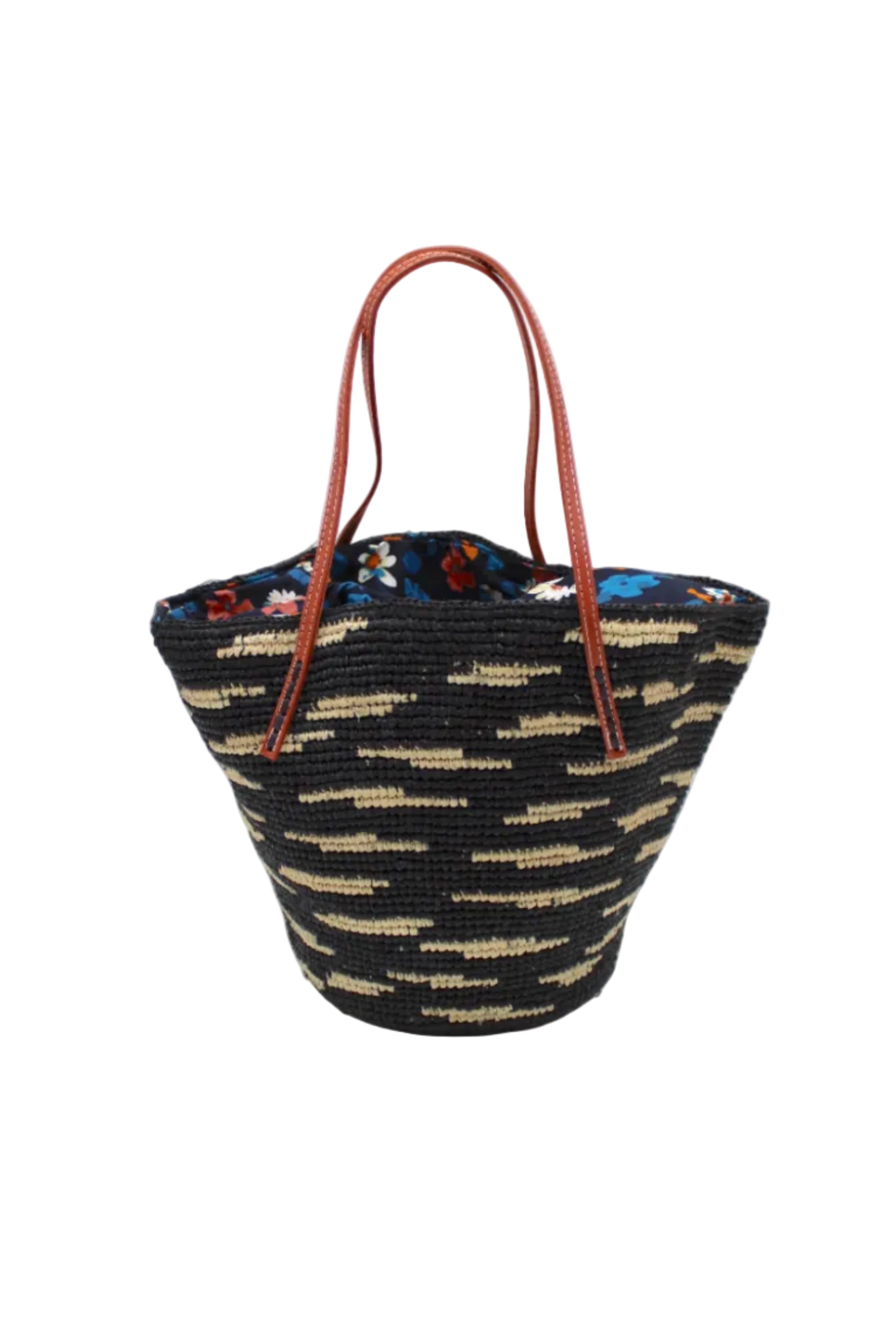 Bimini Crochet Straw Shoulder Bag Purse with Zebra Stripe handmade natural raffia palm fiber in a two tone zebra stripe of primarily Black with small horizontal asymmetrical bands of Natural straw color that create spotted stripe pattern with leather handles handbag beach bag purse - Shebobo