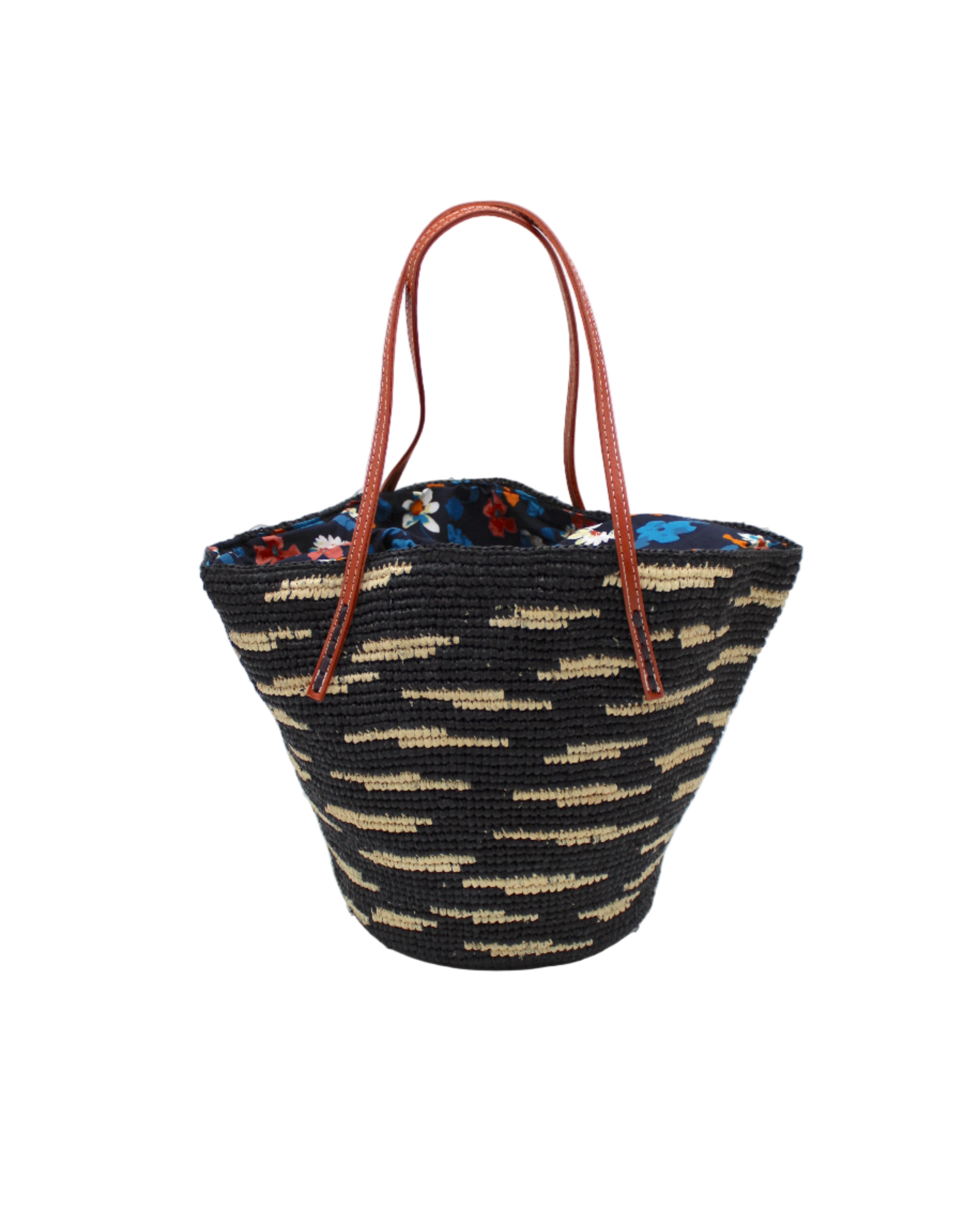 Bimini Crochet Straw Shoulder Bag Purse with Zebra Stripe handmade natural raffia palm fiber in a two tone zebra stripe of primarily Black with small horizontal asymmetrical bands of Natural straw color that create spotted stripe pattern with leather handles handbag beach bag purse - Shebobo