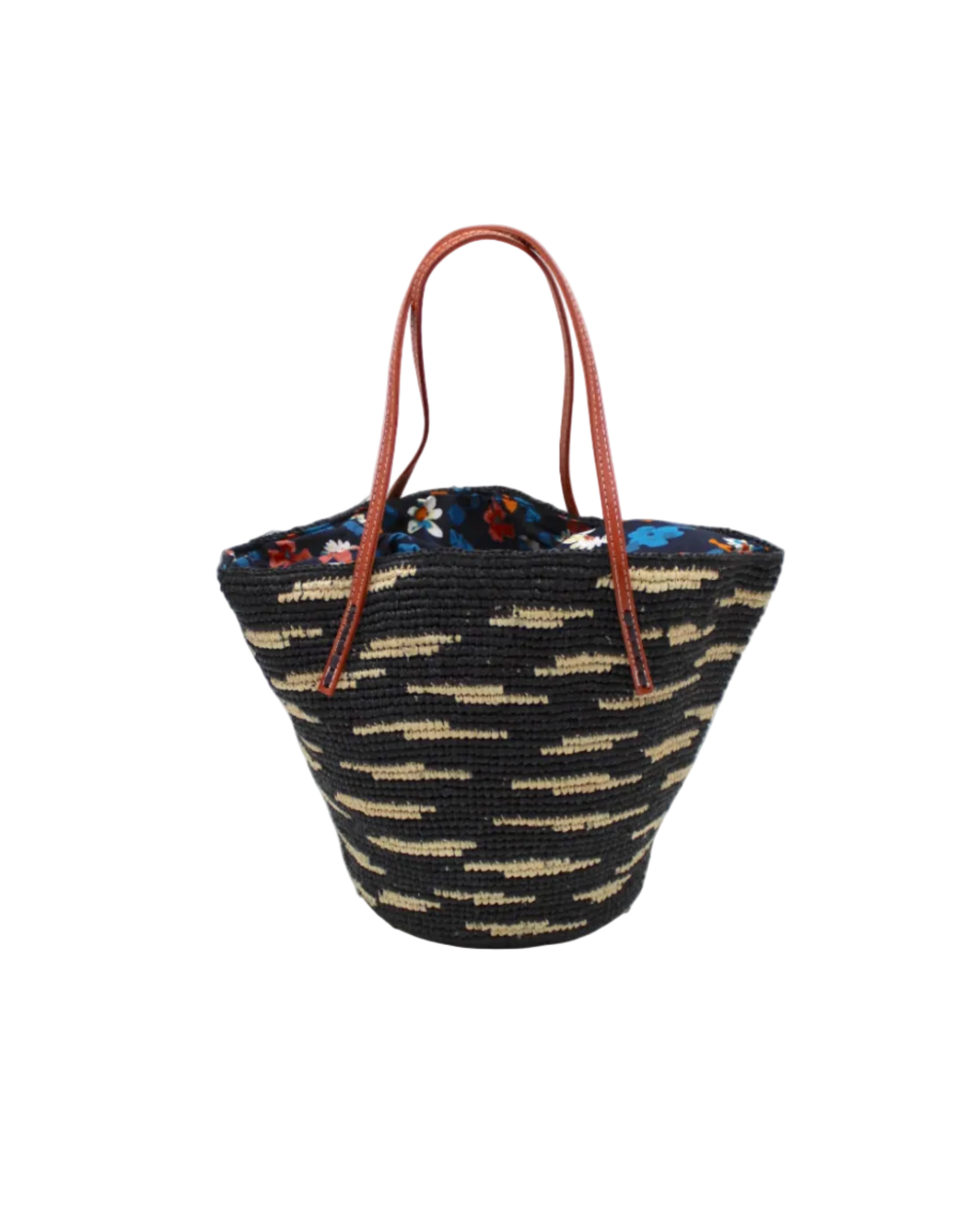 Bimini Crochet Straw Shoulder Bag Purse with Zebra Stripe handmade natural raffia palm fiber in a two tone zebra stripe of primarily Black with small horizontal asymmetrical bands of Natural straw color that create spotted stripe pattern with leather handles handbag beach bag purse - Shebobo