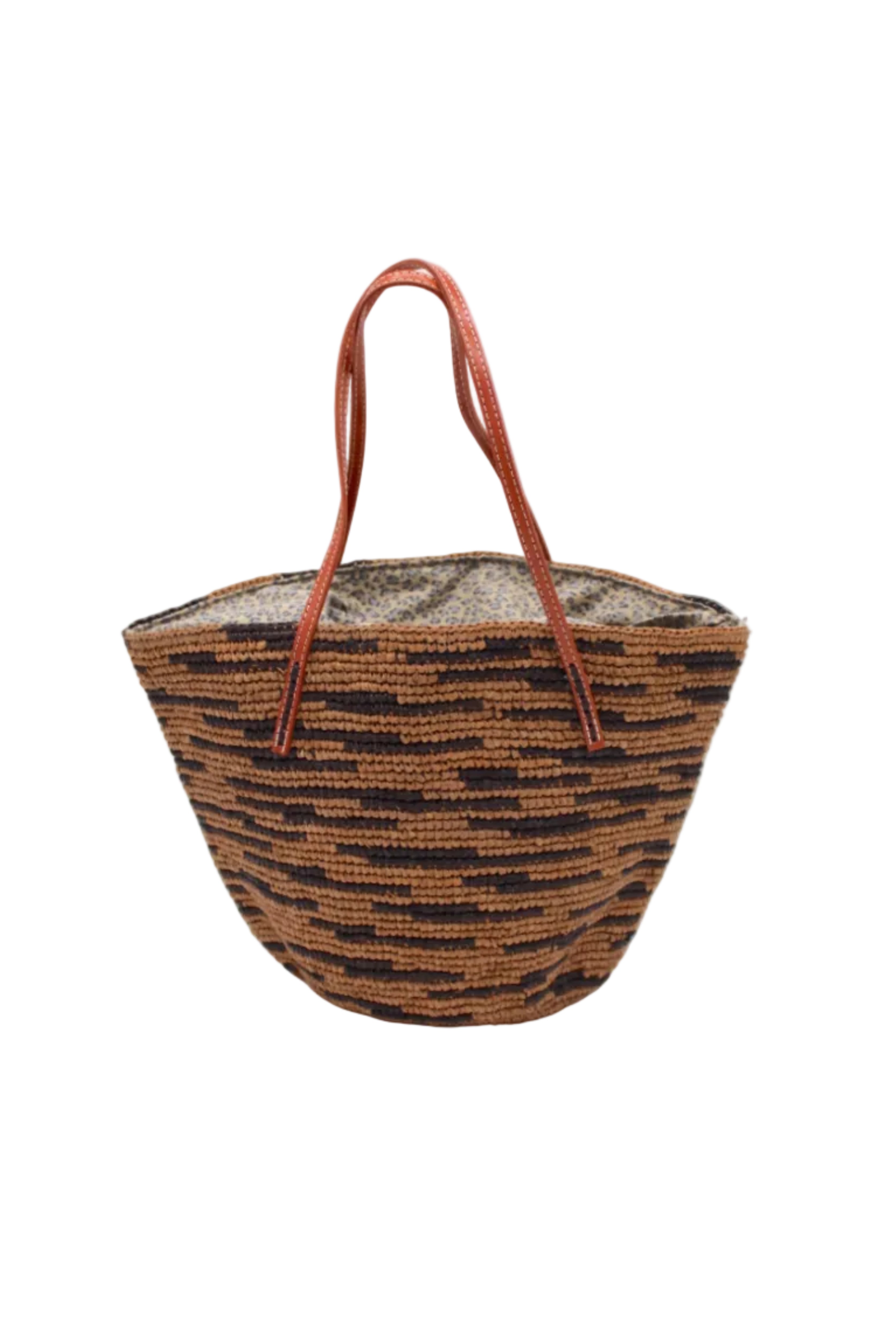 Bimini Crochet Straw Shoulder Bag Purse with Zebra Stripe handmade natural raffia palm fiber in a two tone zebra stripe of primarily Cappuccino tea/light/brown with small horizontal asymmetrical bands of Espresso chocolate/dark/brown that create spotted stripe pattern with leather handles handbag beach bag purse - Shebobo