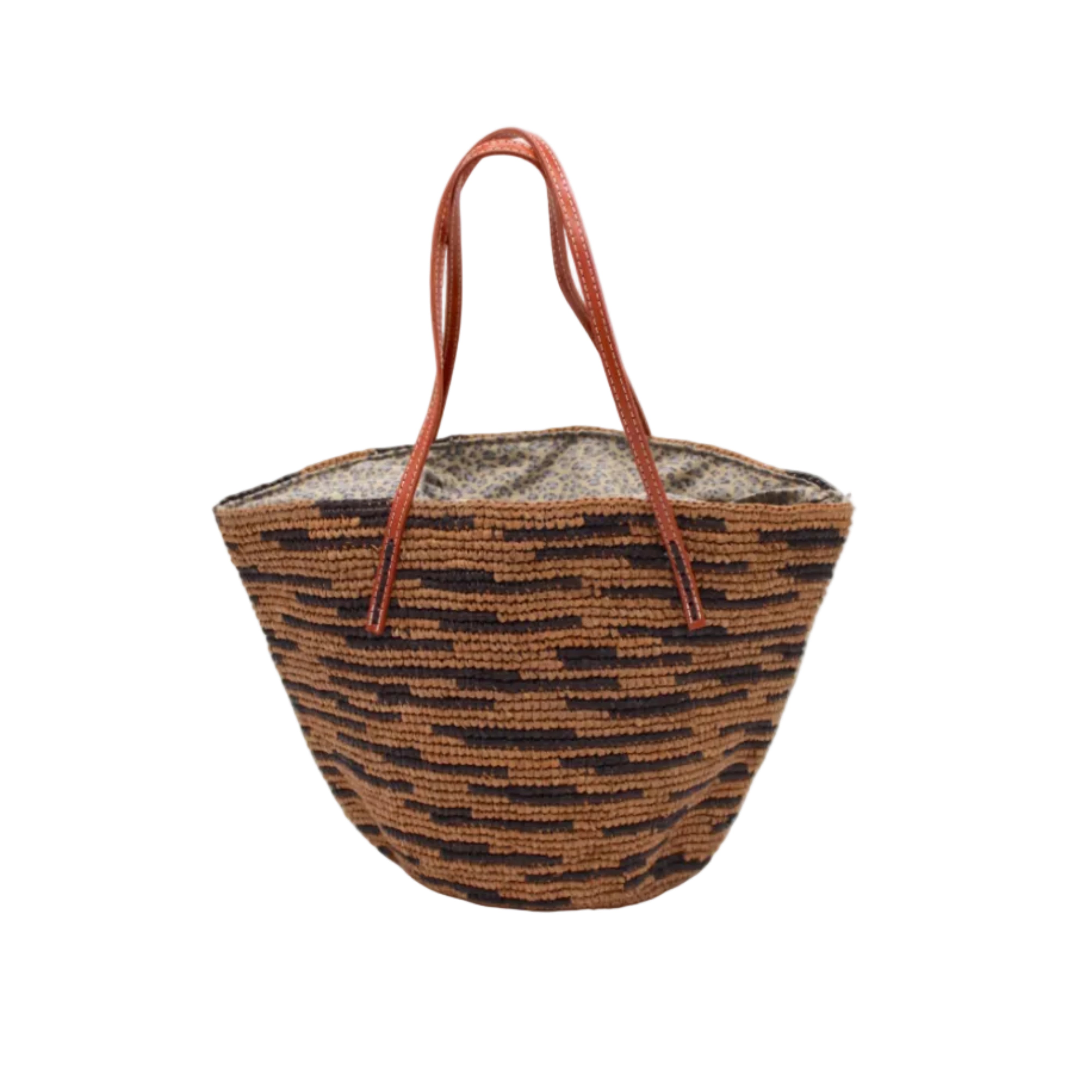Bimini Crochet Straw Shoulder Bag Purse with Zebra Stripe handmade natural raffia palm fiber in a two tone zebra stripe of primarily Cappuccino tea/light/brown with small horizontal asymmetrical bands of Mocha chocolate/dark/brown that create spotted stripe pattern with leather handles handbag beach bag purse - Shebobo