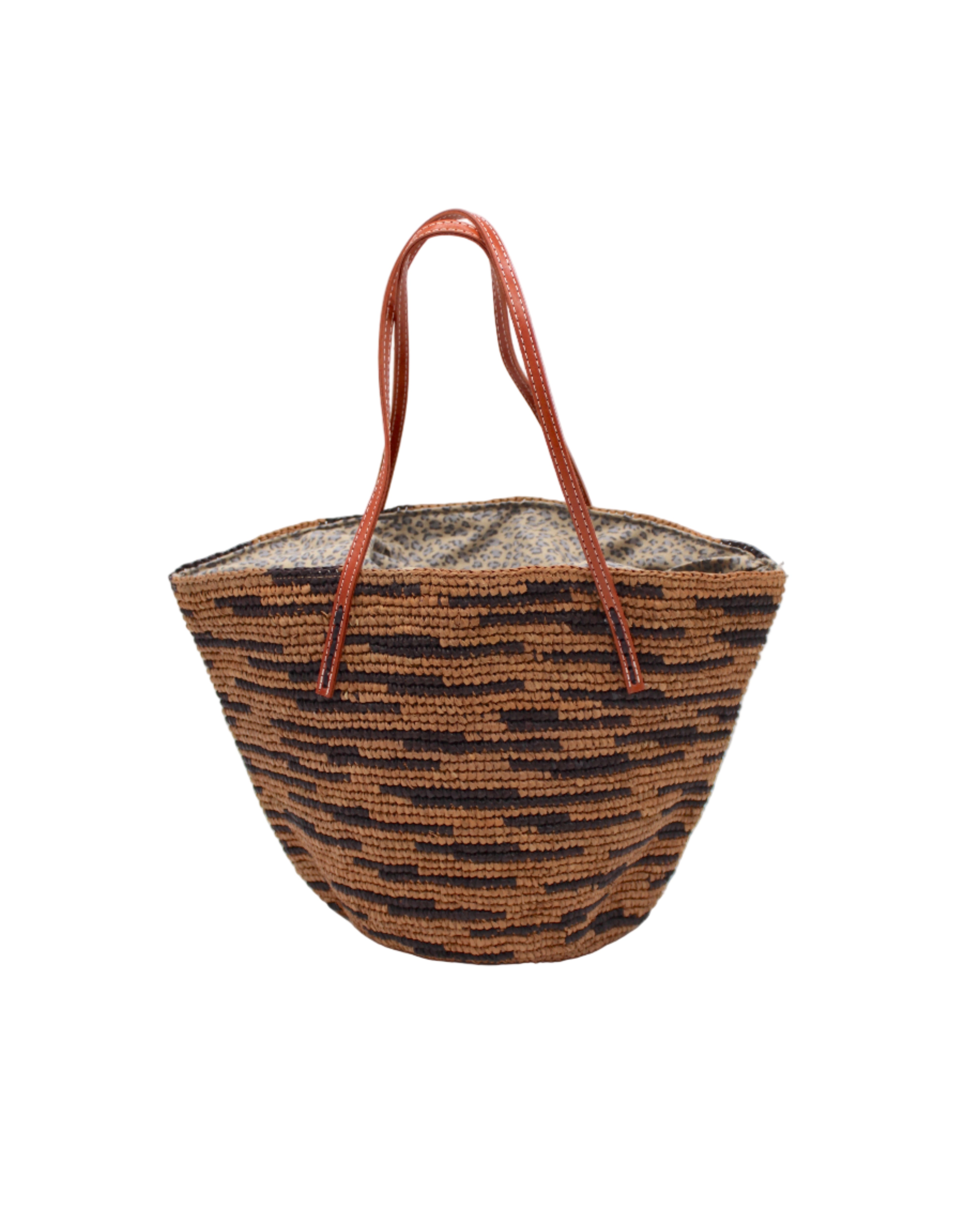 Bimini Crochet Straw Shoulder Bag Purse with Zebra Stripe handmade natural raffia palm fiber in a two tone zebra stripe of primarily Cappuccino tea/light/brown with small horizontal asymmetrical bands of Mocha chocolate/dark/brown that create spotted stripe pattern with leather handles handbag beach bag purse - Shebobo