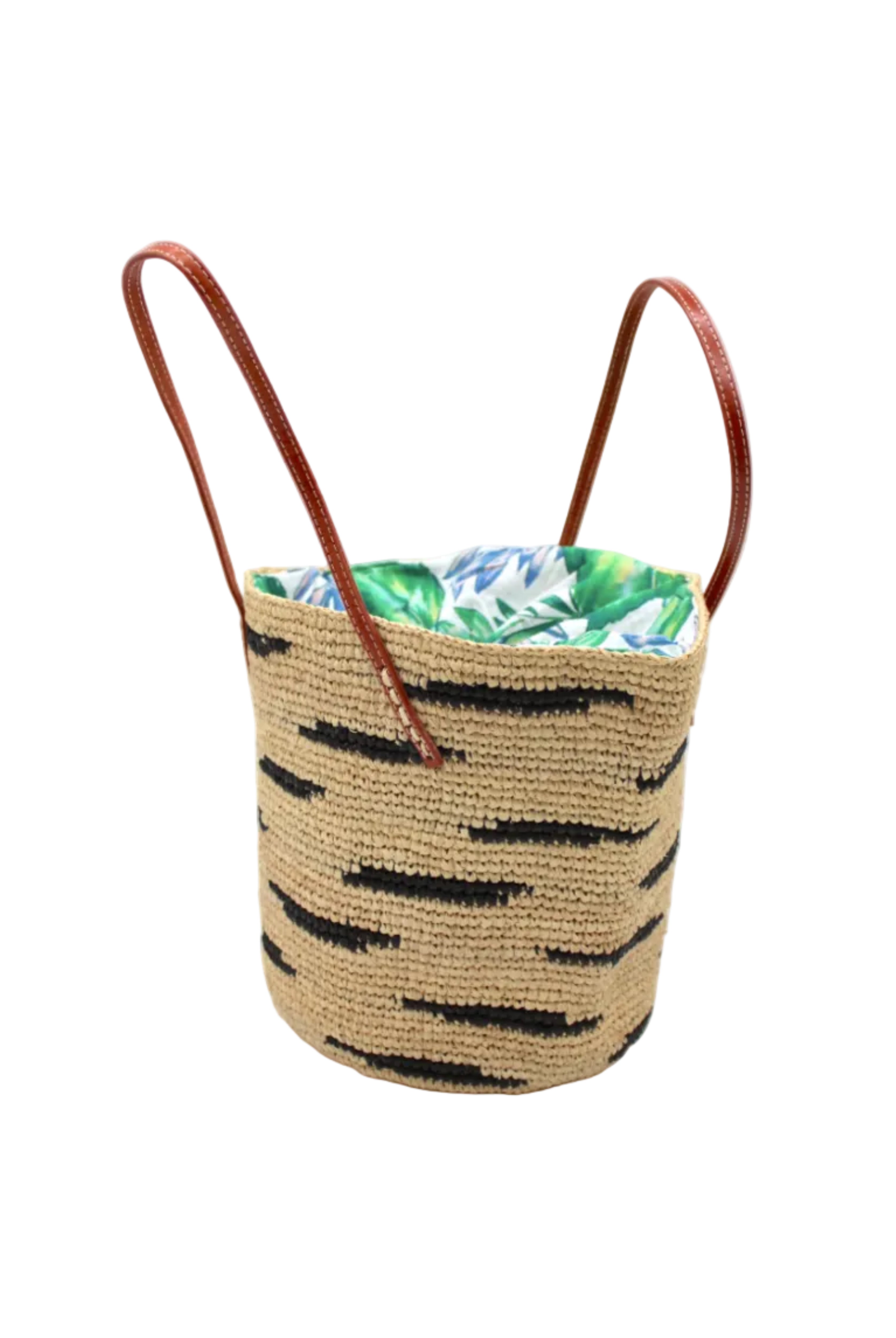 Side view Bimini Crochet Straw Shoulder Bag Purse with Zebra Stripe handmade natural raffia palm fiber in a two tone zebra stripe of primarily Natural straw color with small horizontal asymmetrical bands of Black that create spotted stripe pattern with leather handles handbag beach bag purse - Shebobo