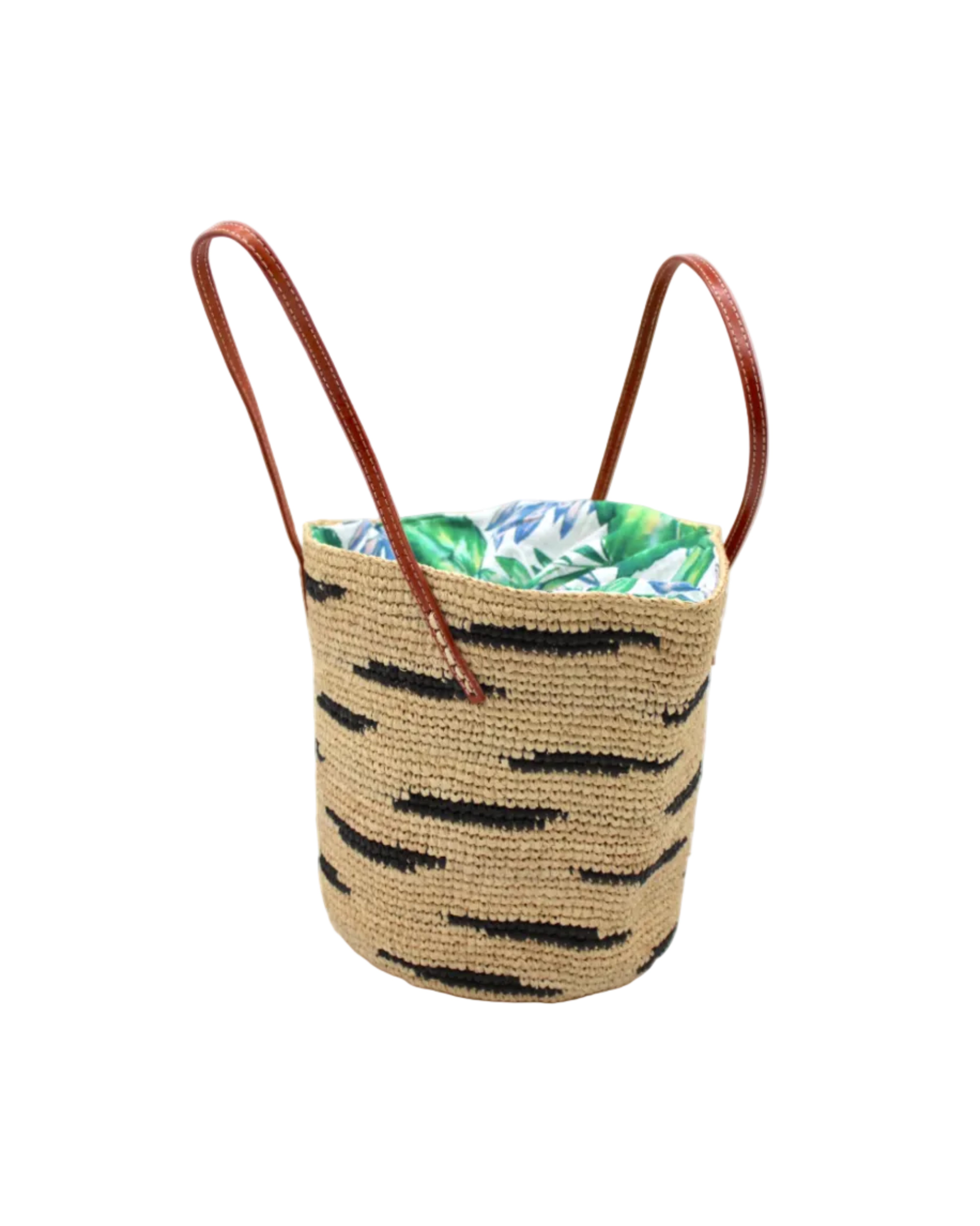 Side view Bimini Crochet Straw Shoulder Bag Purse with Zebra Stripe handmade natural raffia palm fiber in a two tone zebra stripe of primarily Natural straw color with small horizontal asymmetrical bands of Black that create spotted stripe pattern with leather handles handbag beach bag purse - Shebobo