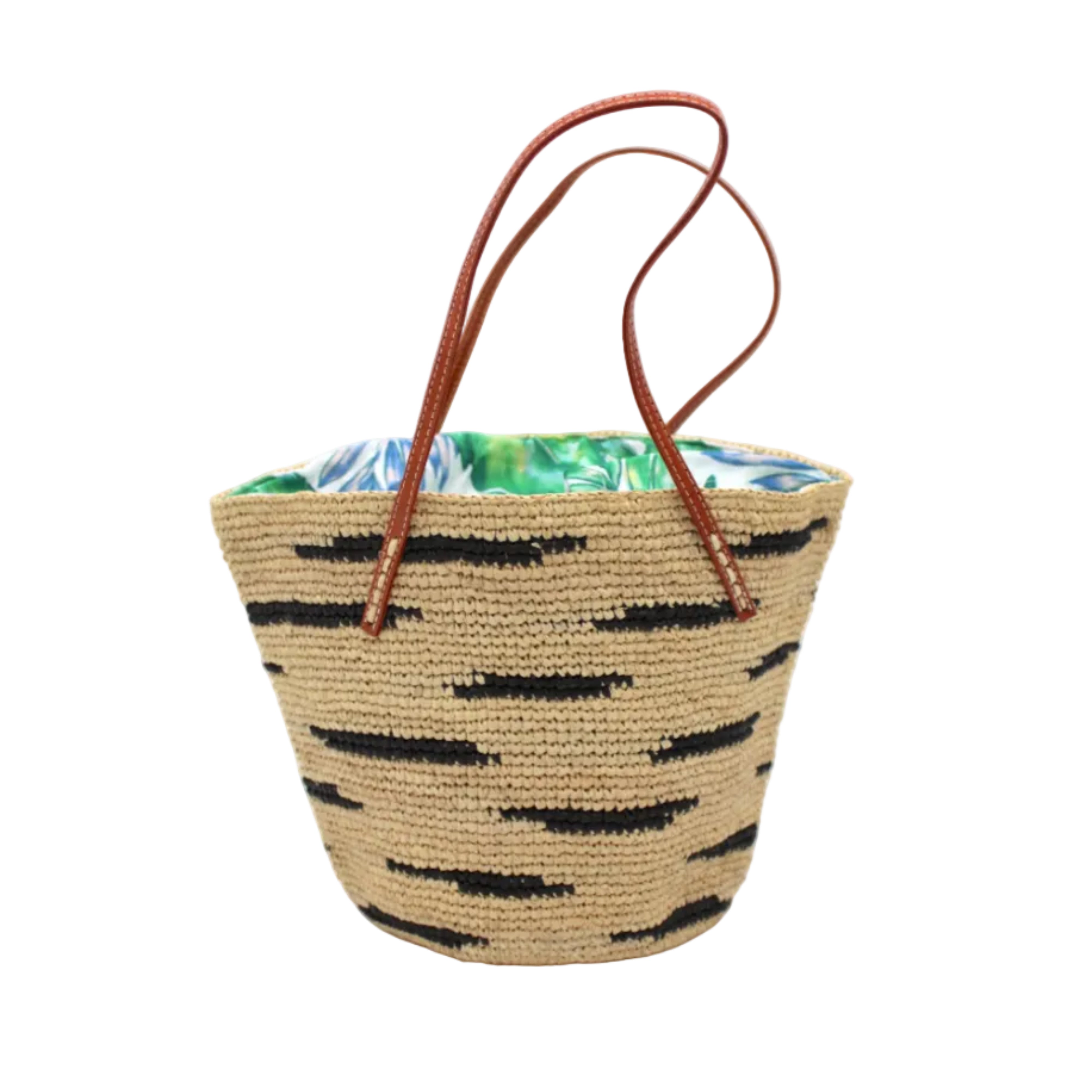 Bimini Crochet Straw Shoulder Bag Purse with Zebra Stripe handmade natural raffia palm fiber in a two tone zebra stripe of primarily Natural straw color with small horizontal asymmetrical bands of Black that create spotted stripe pattern with leather handles handbag beach bag purse - Shebobo