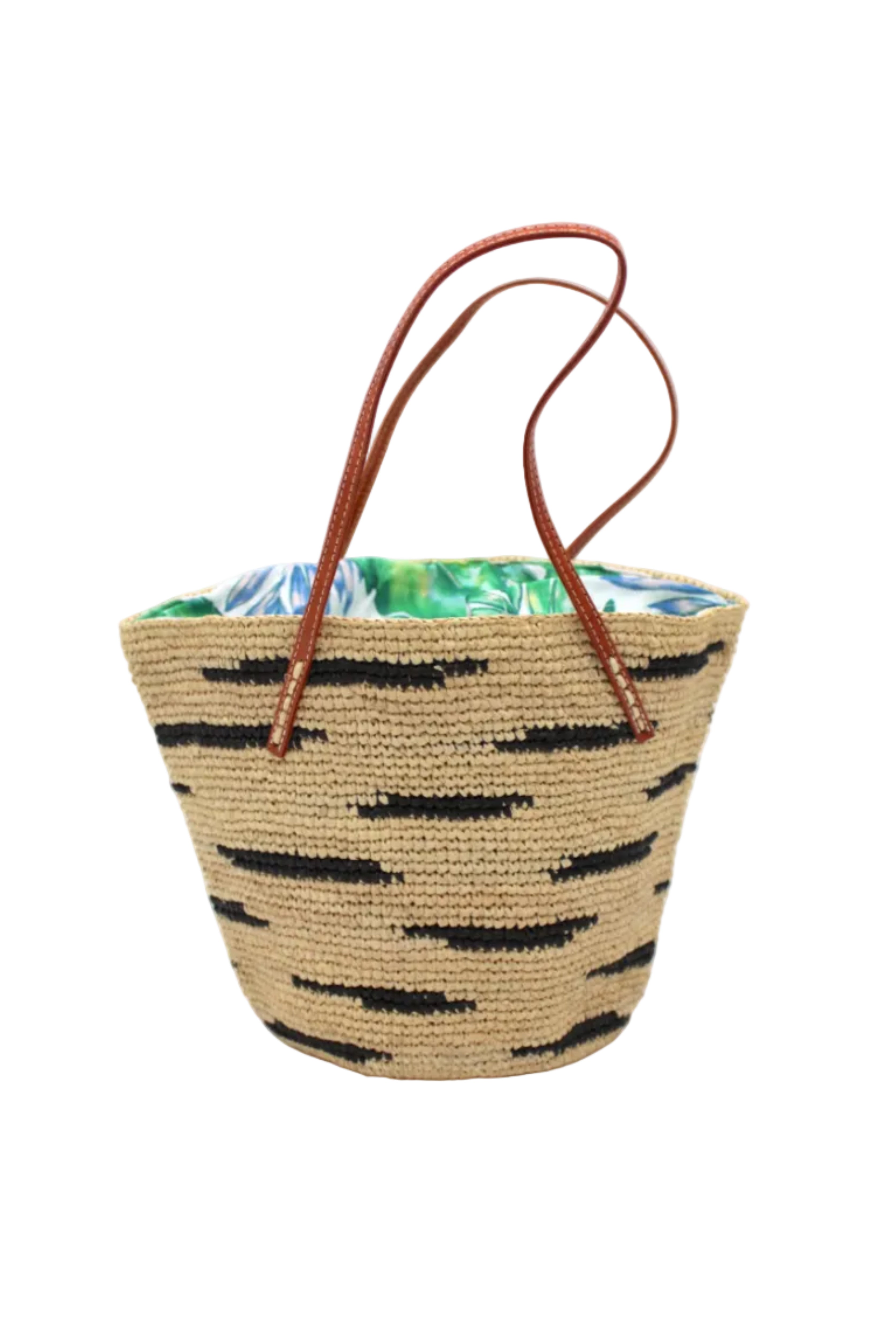 Bimini Crochet Straw Shoulder Bag Purse with Zebra Stripe handmade natural raffia palm fiber in a two tone zebra stripe of primarily Natural straw color with small horizontal asymmetrical bands of Black that create spotted stripe pattern with leather handles handbag beach bag purse - Shebobo