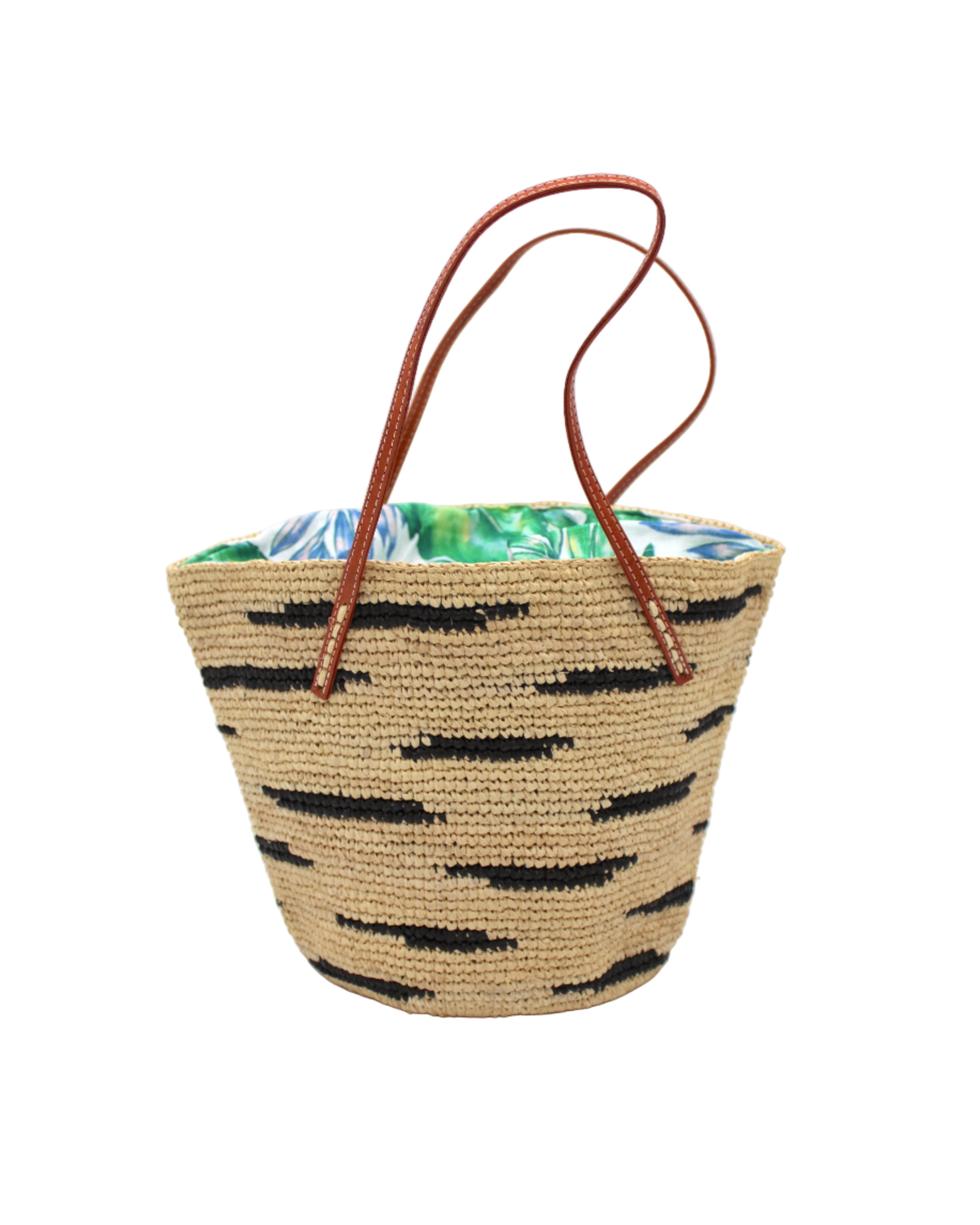 Bimini Crochet Straw Shoulder Bag Purse with Zebra Stripe handmade natural raffia palm fiber in a two tone zebra stripe of primarily Natural straw color with small horizontal asymmetrical bands of Black that create spotted stripe pattern with leather handles handbag beach bag purse - Shebobo