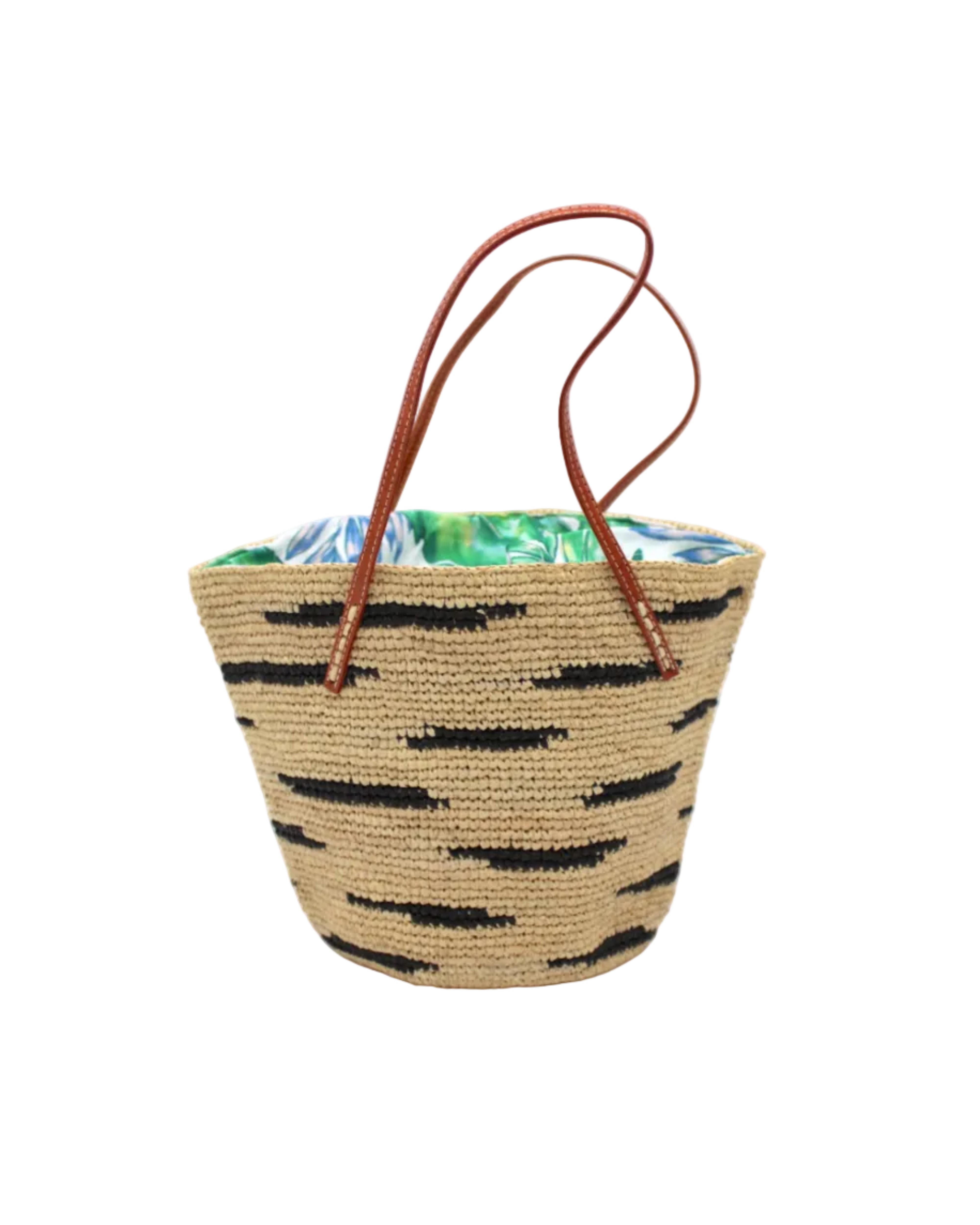 Bimini Crochet Straw Shoulder Bag Purse with Zebra Stripe handmade natural raffia palm fiber in a two tone zebra stripe of primarily Natural straw color with small horizontal asymmetrical bands of Black that create spotted stripe pattern with leather handles handbag beach bag purse - Shebobo