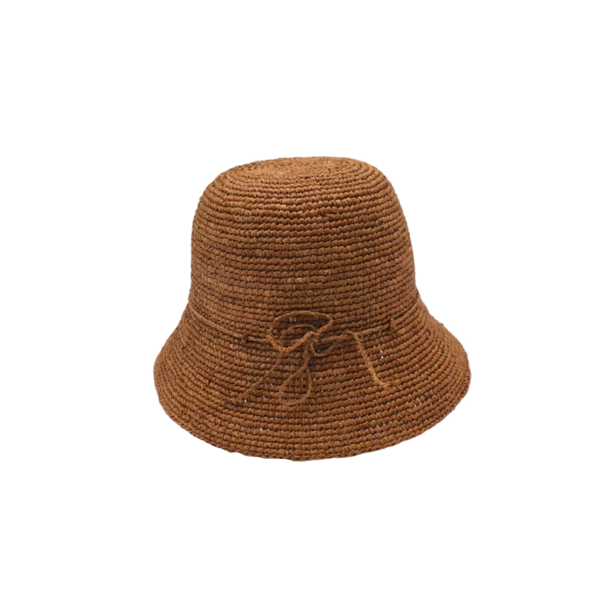 Bobbi 3" Brim Crochet Bucket Raffia Straw Hats handmade natural raffia palm fiber in a subtle crochet link texture spiraling out from the top crown of the hat to the edge of the brim in a solid hue of tobacco dark/cinnamon brown with matching braided adjustable hat band sun hat - Shebobo