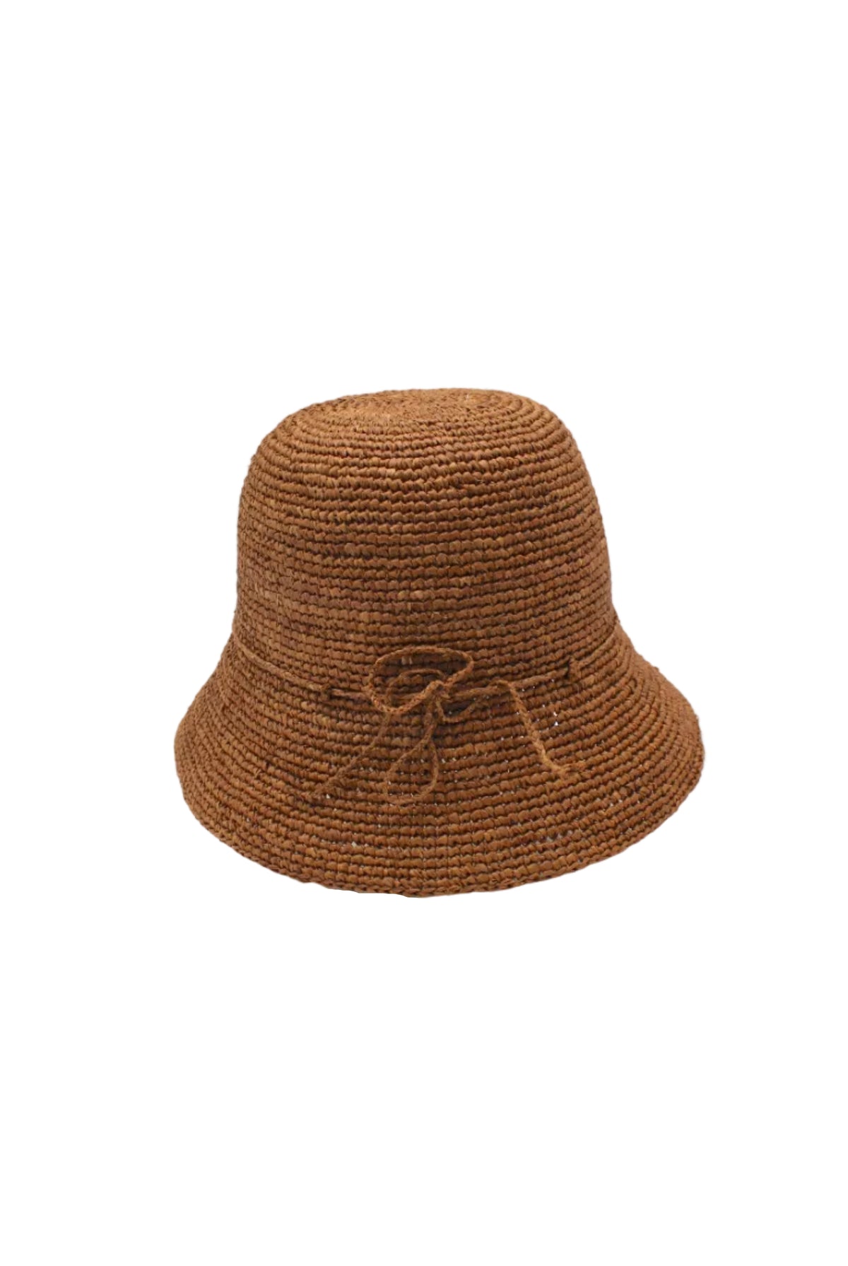 Bobbi 3" Brim Crochet Bucket Raffia Straw Hats handmade natural raffia palm fiber in a subtle crochet link texture spiraling out from the top crown of the hat to the edge of the brim in a solid hue of tobacco dark/cinnamon brown with matching braided adjustable hat band sun hat - Shebobo