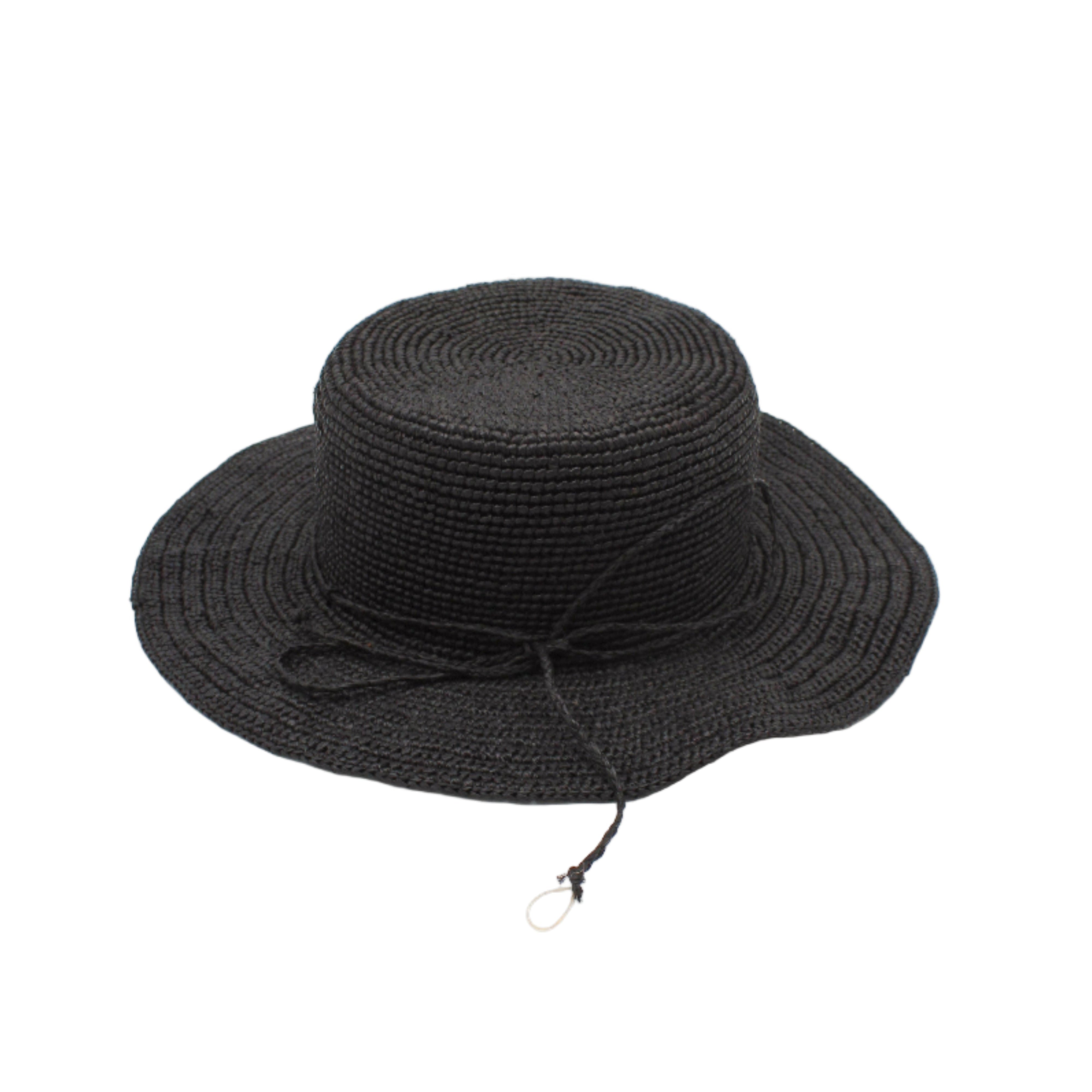 3" Brim Bolero Crochet Straw Sun Hats handmade crochet natural raffia palm fiber in a solid hue of black making a concentric pattern from the center top of the flattened crown spiraling out to the edge of the brim with matching adjustable raffia braid hat band - Shebobo