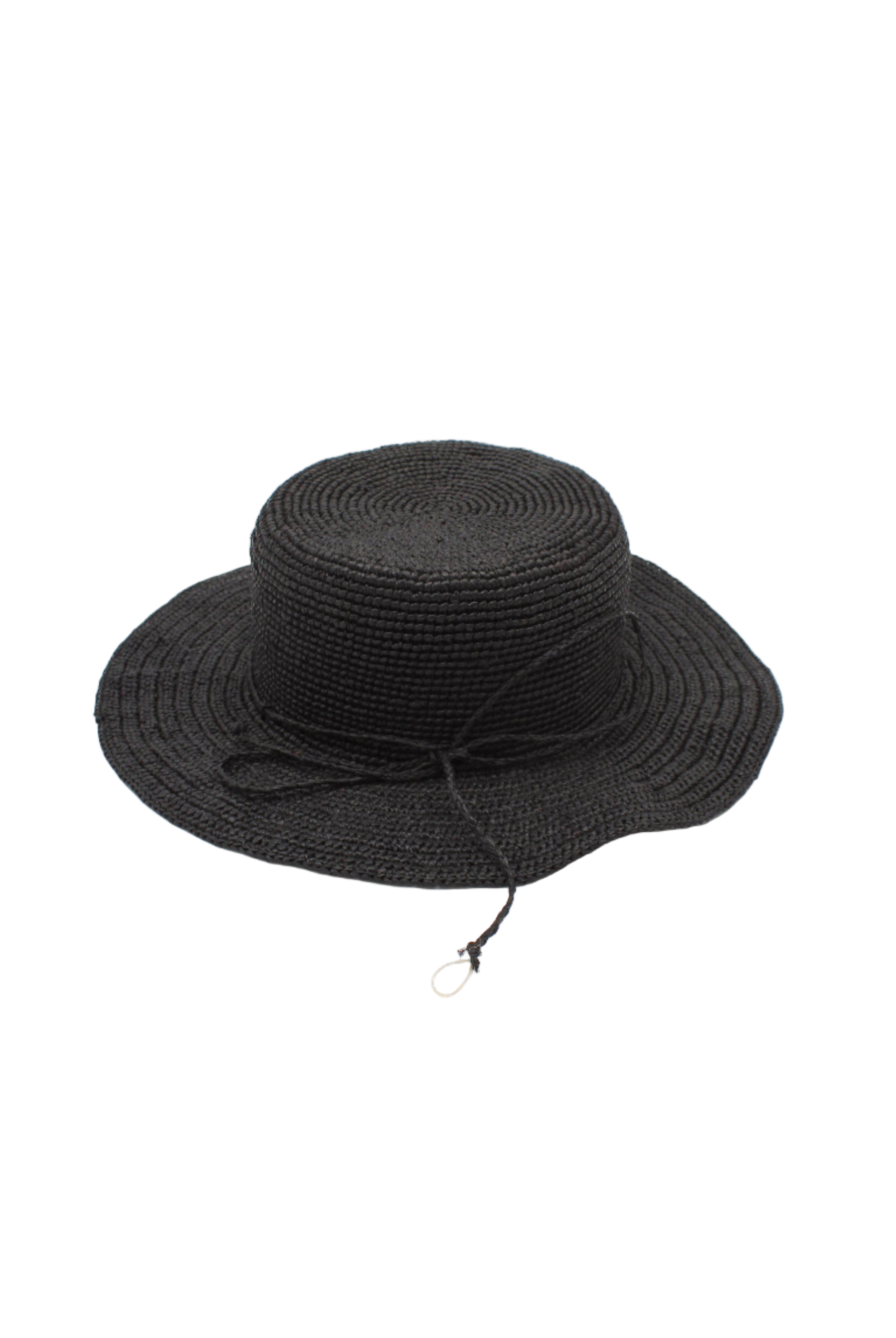 3" Brim Bolero Crochet Straw Sun Hats handmade crochet natural raffia palm fiber in a solid hue of black making a concentric pattern from the center top of the flattened crown spiraling out to the edge of the brim with matching adjustable raffia braid hat band - Shebobo