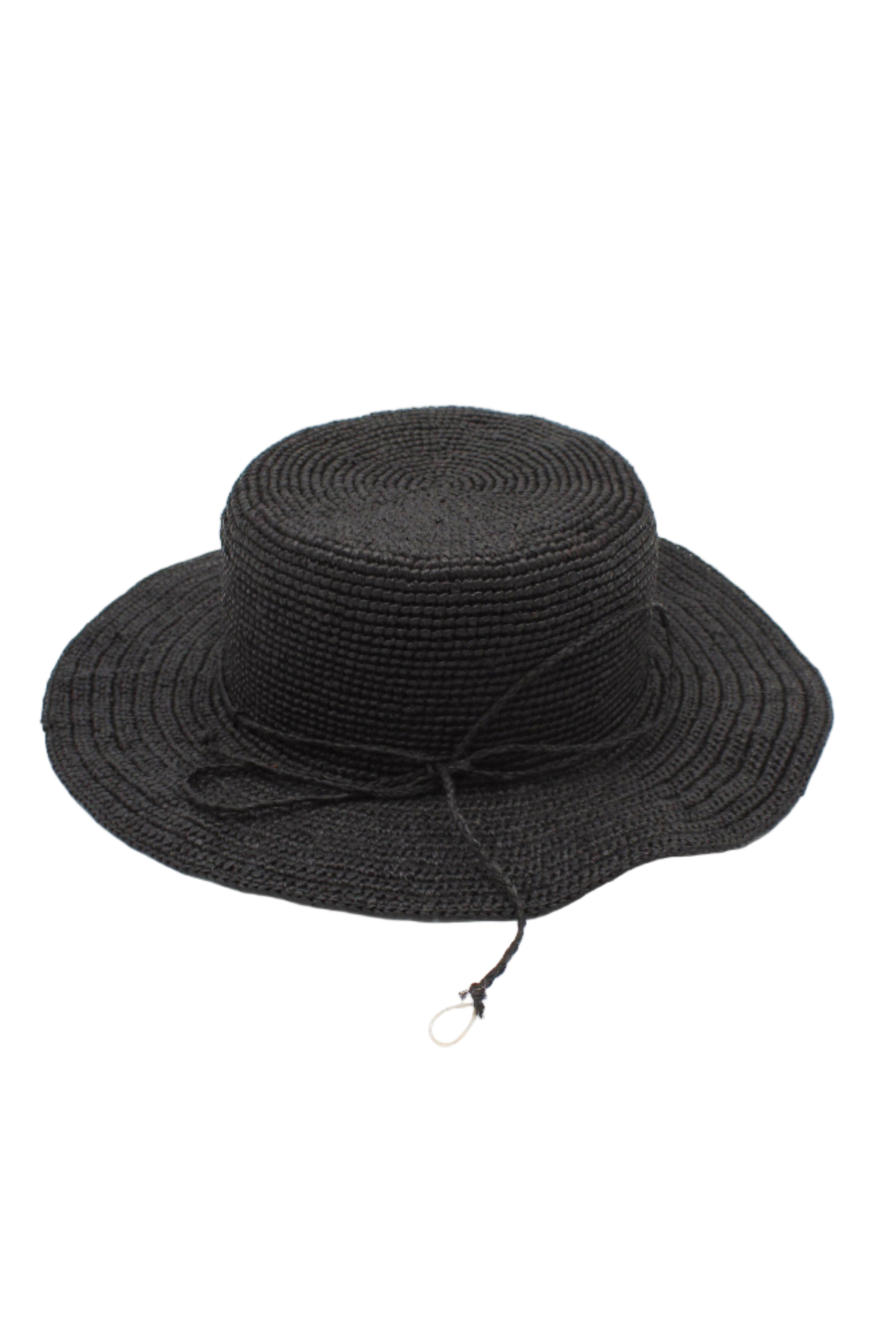 3" Brim Bolero Crochet Straw Sun Hats handmade crochet natural raffia palm fiber in a solid hue of black making a concentric pattern from the center top of the flattened crown spiraling out to the edge of the brim with matching adjustable raffia braid hat band - Shebobo