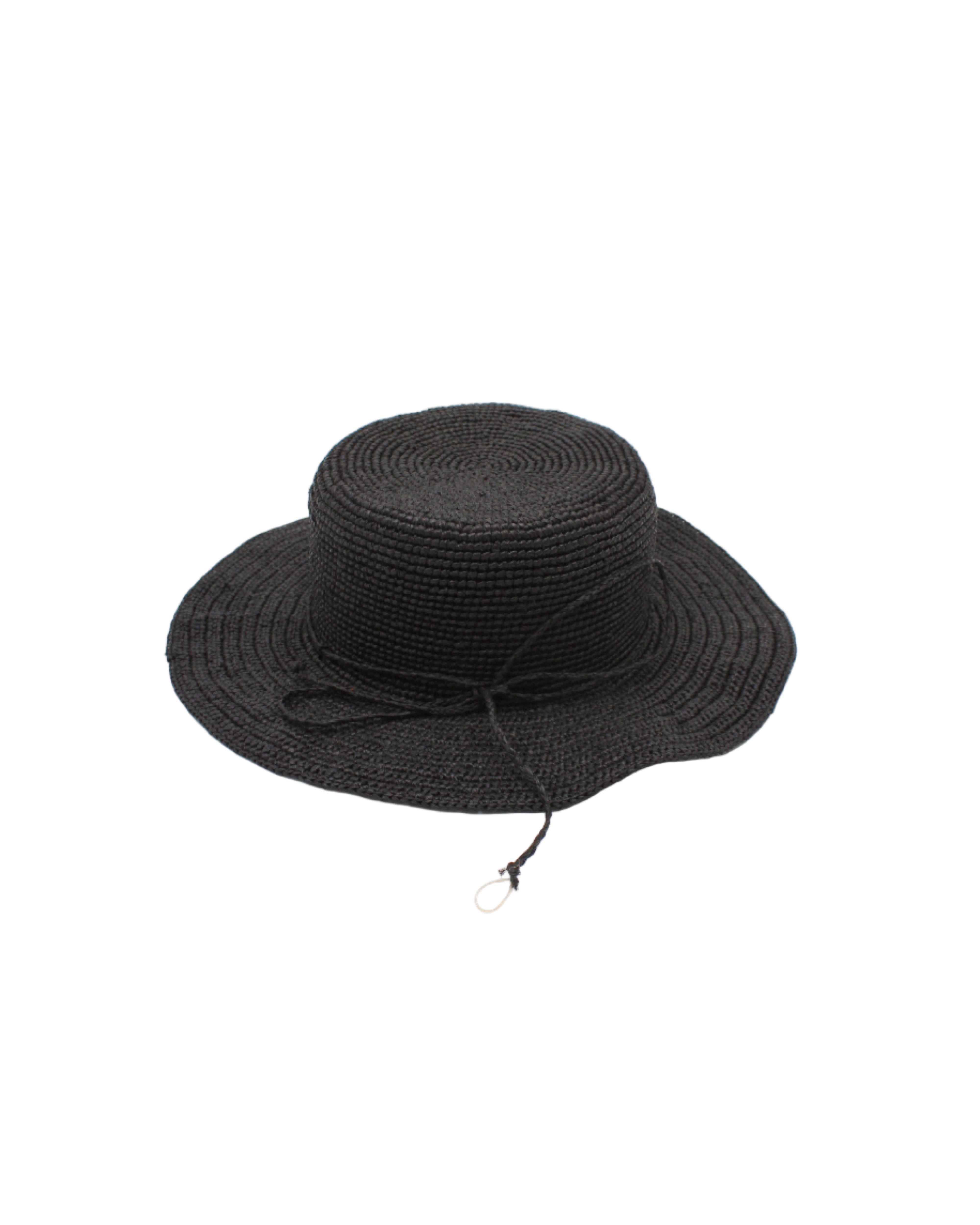 3" Brim Bolero Crochet Straw Sun Hats handmade crochet natural raffia palm fiber in a solid hue of black making a concentric pattern from the center top of the flattened crown spiraling out to the edge of the brim with matching adjustable raffia braid hat band - Shebobo