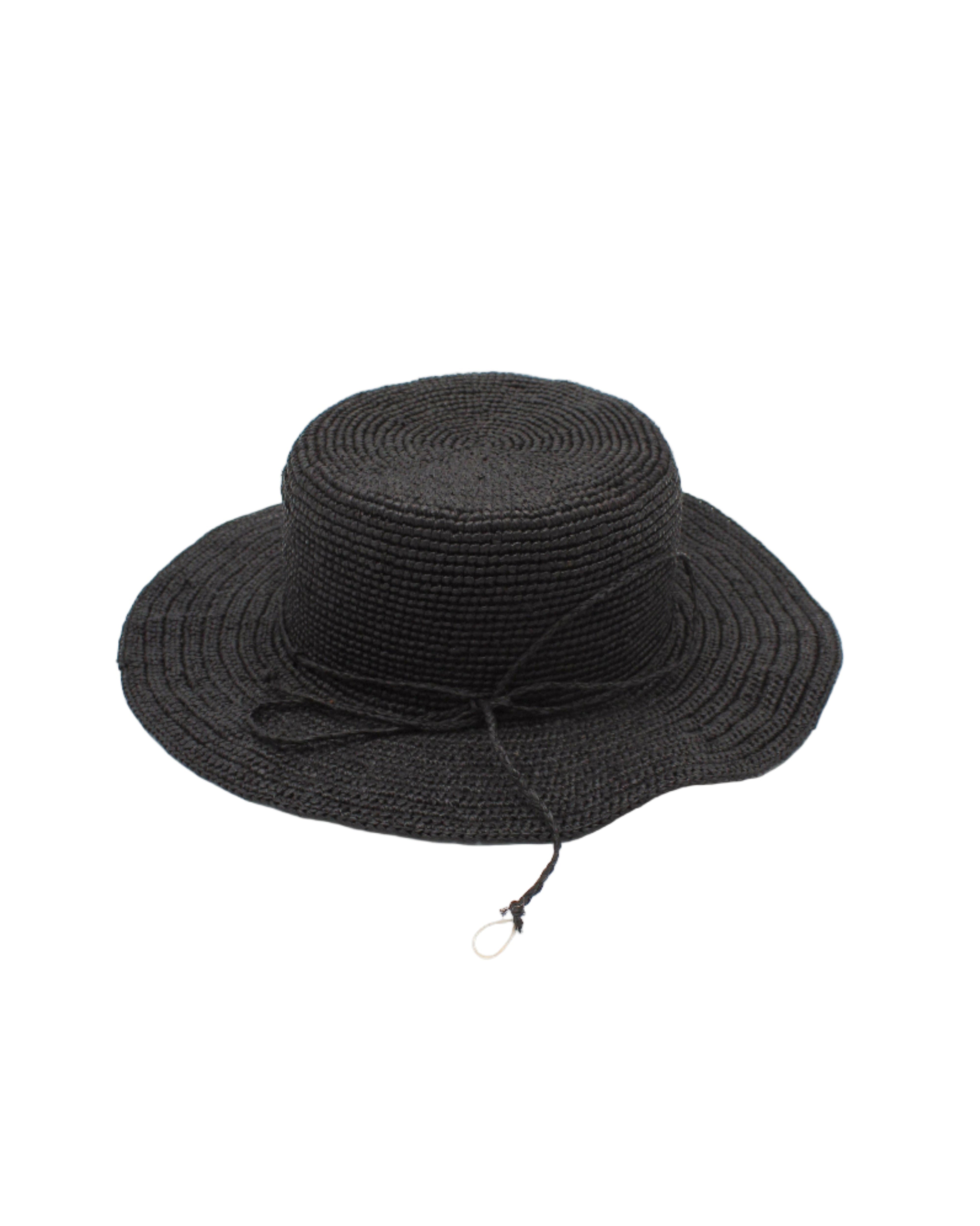 3" Brim Bolero Crochet Straw Sun Hats handmade crochet natural raffia palm fiber in a solid hue of black making a concentric pattern from the center top of the flattened crown spiraling out to the edge of the brim with matching adjustable raffia braid hat band - Shebobo