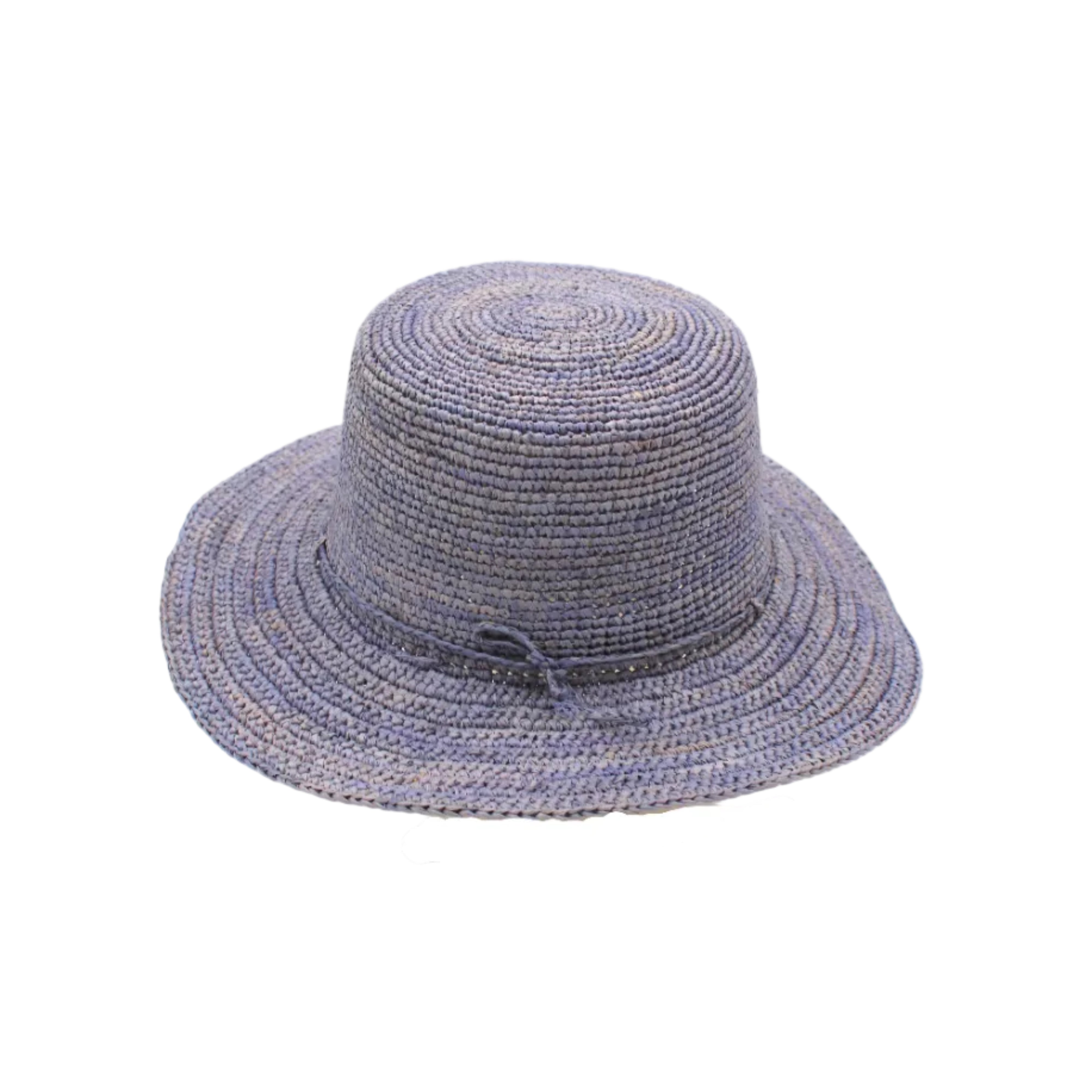 3" Brim Bolero Crochet Straw Sun Hats handmade crochet natural raffia palm fiber in a solid hue of denim light/retro/blue making a concentric pattern from the center top of the flattened crown spiraling out to the edge of the brim with matching adjustable raffia braid hat band - Shebobo