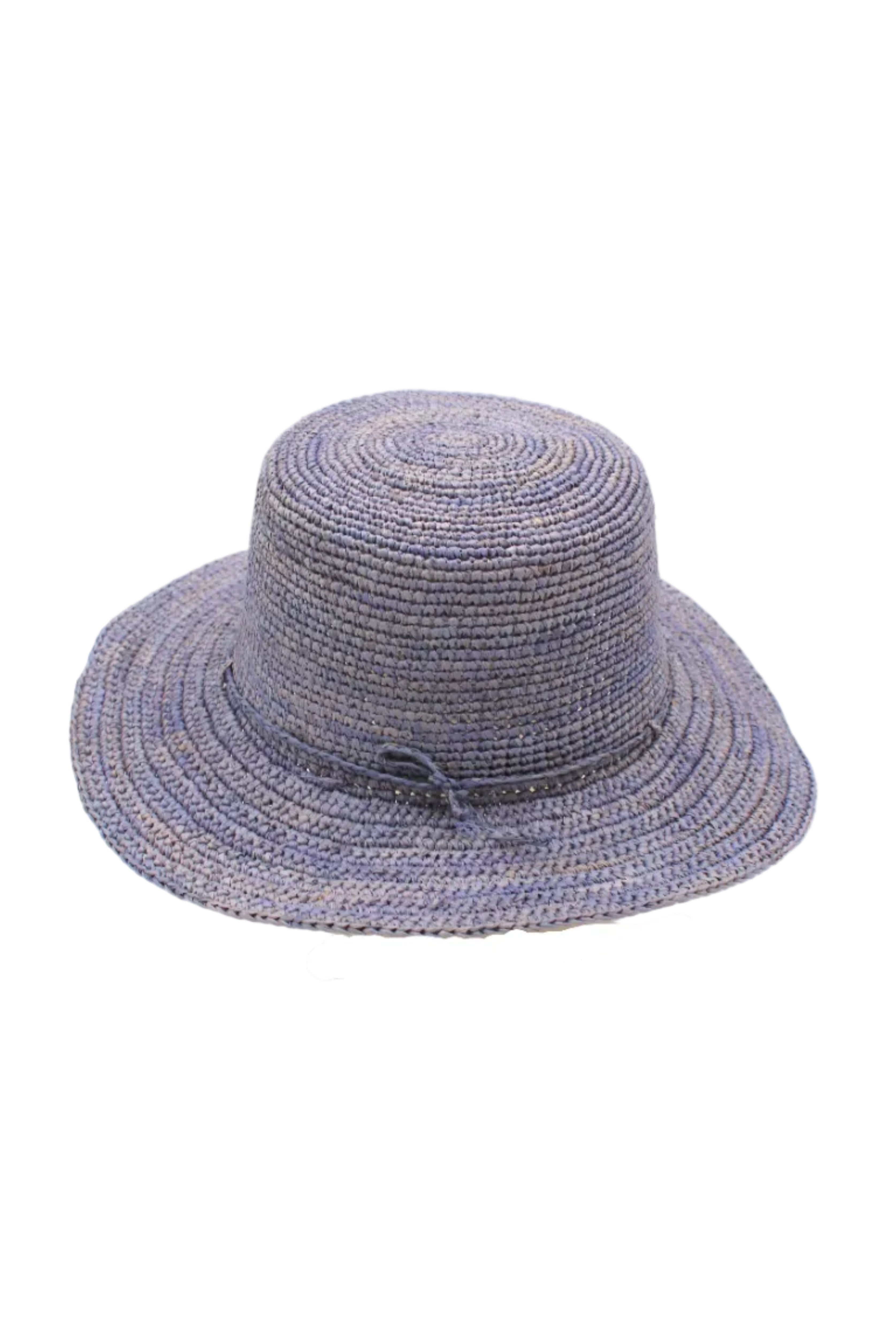 3" Brim Bolero Crochet Straw Sun Hats handmade crochet natural raffia palm fiber in a solid hue of denim light/retro/blue making a concentric pattern from the center top of the flattened crown spiraling out to the edge of the brim with matching adjustable raffia braid hat band - Shebobo