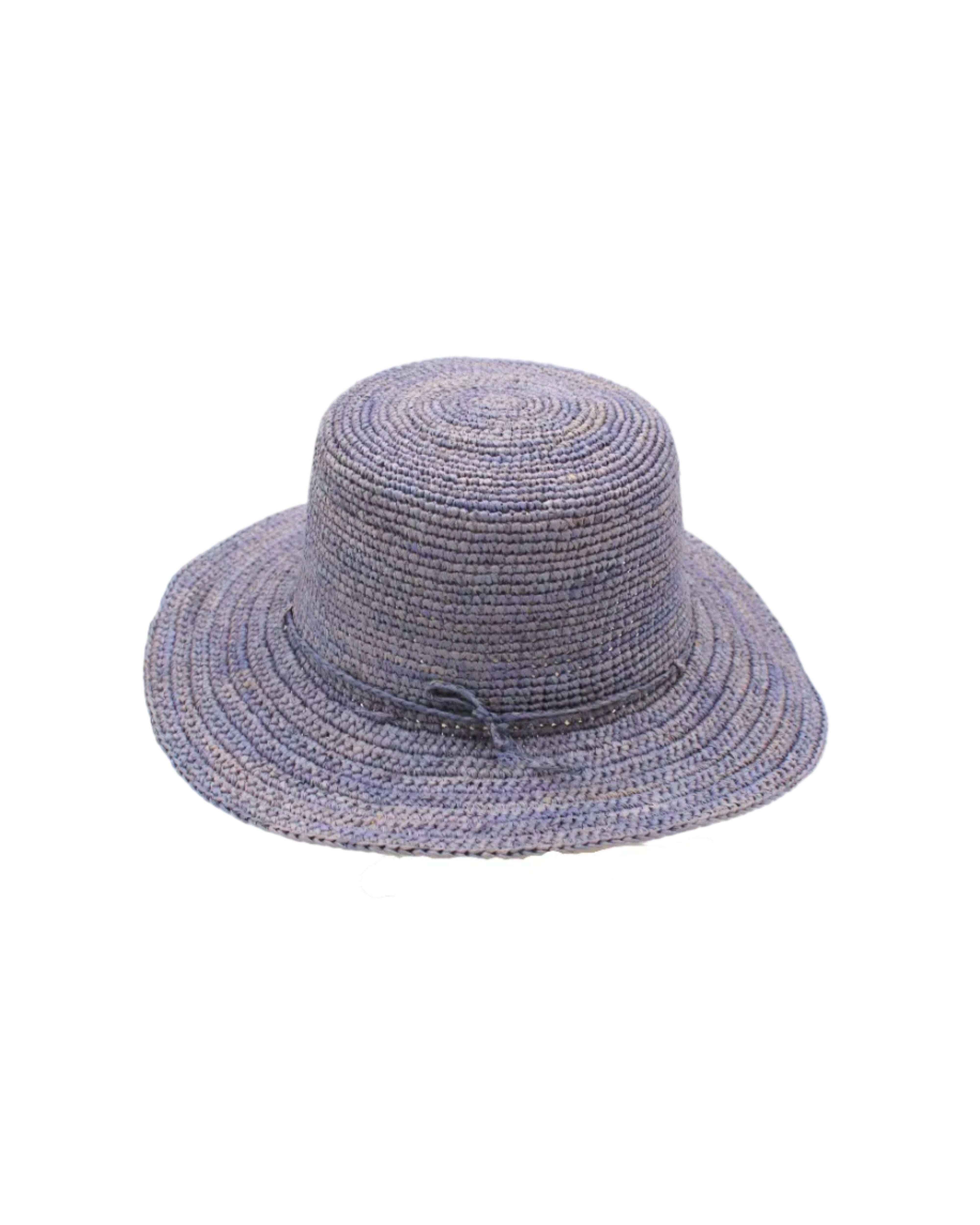 3" Brim Bolero Crochet Straw Sun Hats handmade crochet natural raffia palm fiber in a solid hue of denim light/retro/blue making a concentric pattern from the center top of the flattened crown spiraling out to the edge of the brim with matching adjustable raffia braid hat band - Shebobo