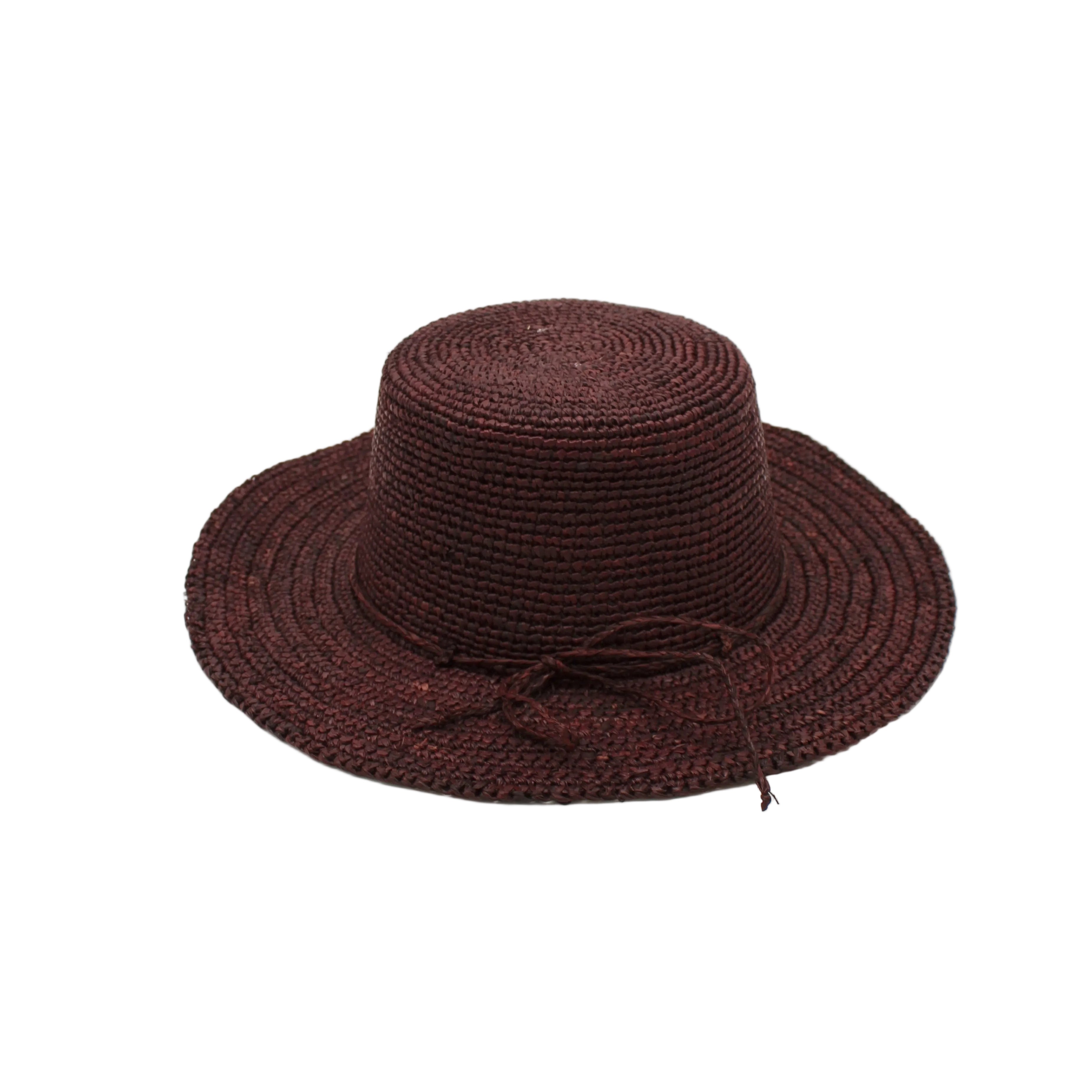 3" Brim Bolero Crochet Straw Sun Hats handmade crochet natural raffia palm fiber in a solid hue of mocha dark/chocolate/brown making a concentric pattern from the center top of the flattened crown spiraling out to the edge of the brim with matching adjustable raffia braid hat band - Shebobo