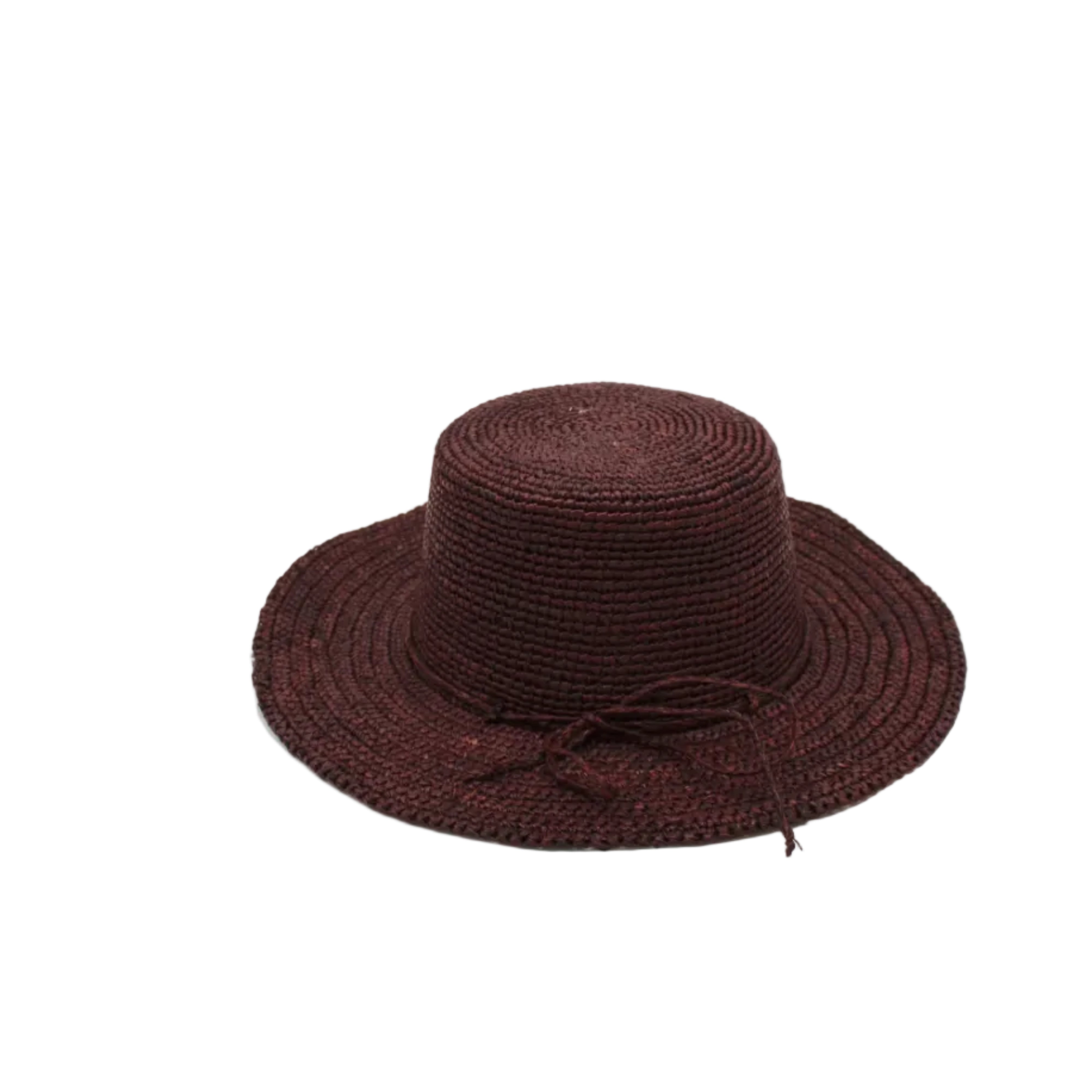 3" Brim Bolero Crochet Straw Sun Hats handmade crochet natural raffia palm fiber in a solid hue of mocha dark/chocolate/brown making a concentric pattern from the center top of the flattened crown spiraling out to the edge of the brim with matching adjustable raffia braid hat band - Shebobo
