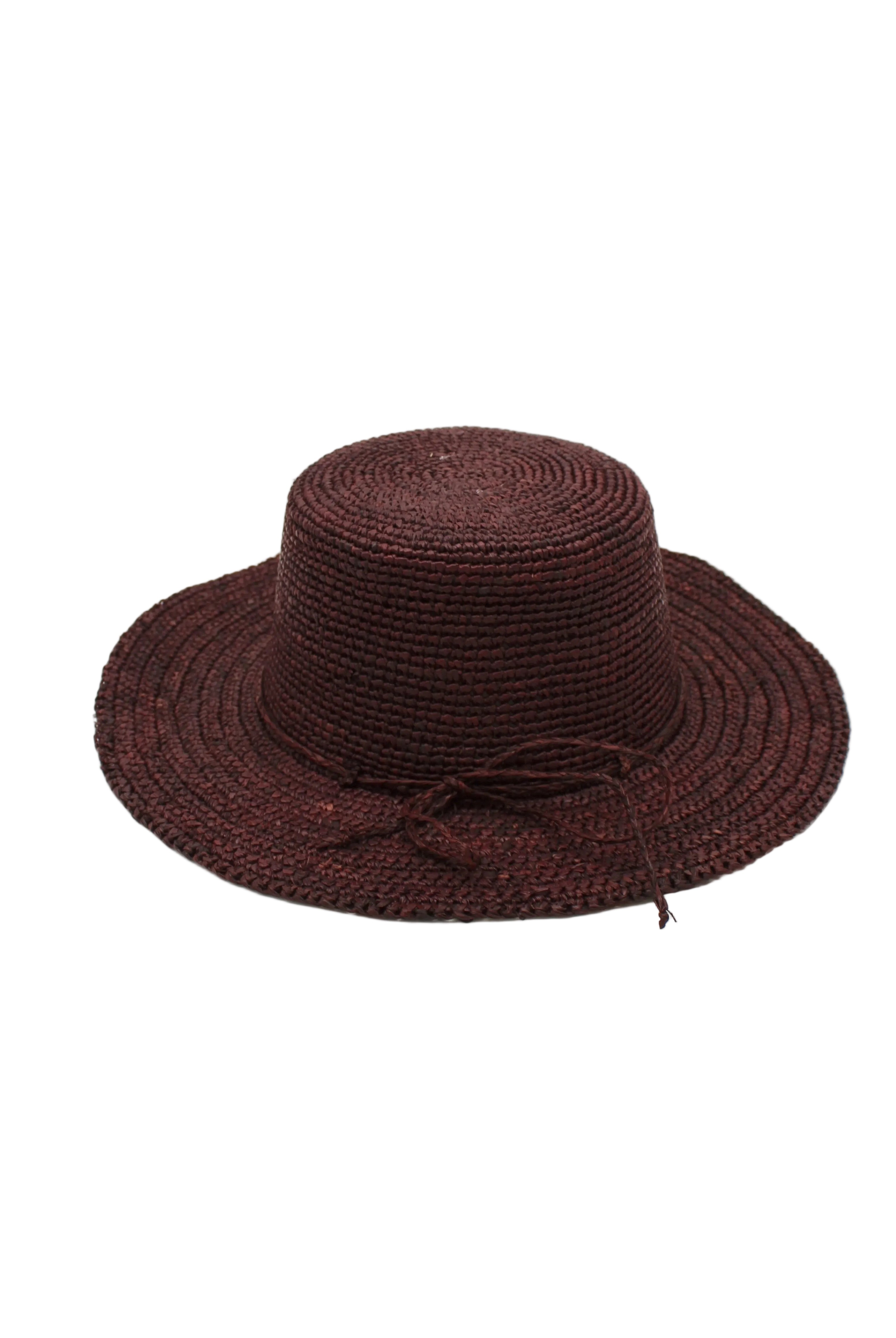 3" Brim Bolero Crochet Straw Sun Hats handmade crochet natural raffia palm fiber in a solid hue of mocha dark/chocolate/brown making a concentric pattern from the center top of the flattened crown spiraling out to the edge of the brim with matching adjustable raffia braid hat band - Shebobo