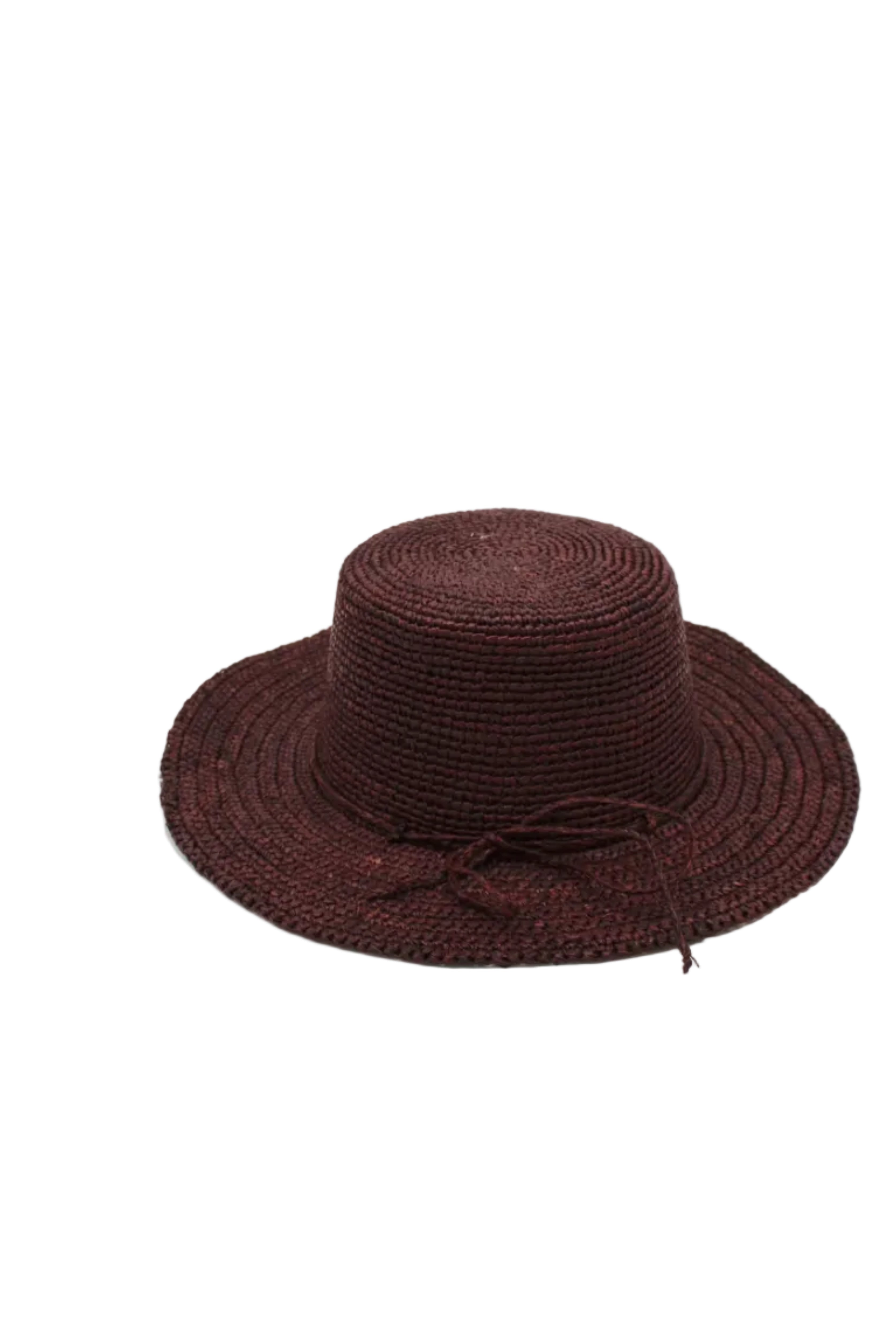 3" Brim Bolero Crochet Straw Sun Hats handmade crochet natural raffia palm fiber in a solid hue of mocha dark/chocolate/brown making a concentric pattern from the center top of the flattened crown spiraling out to the edge of the brim with matching adjustable raffia braid hat band - Shebobo