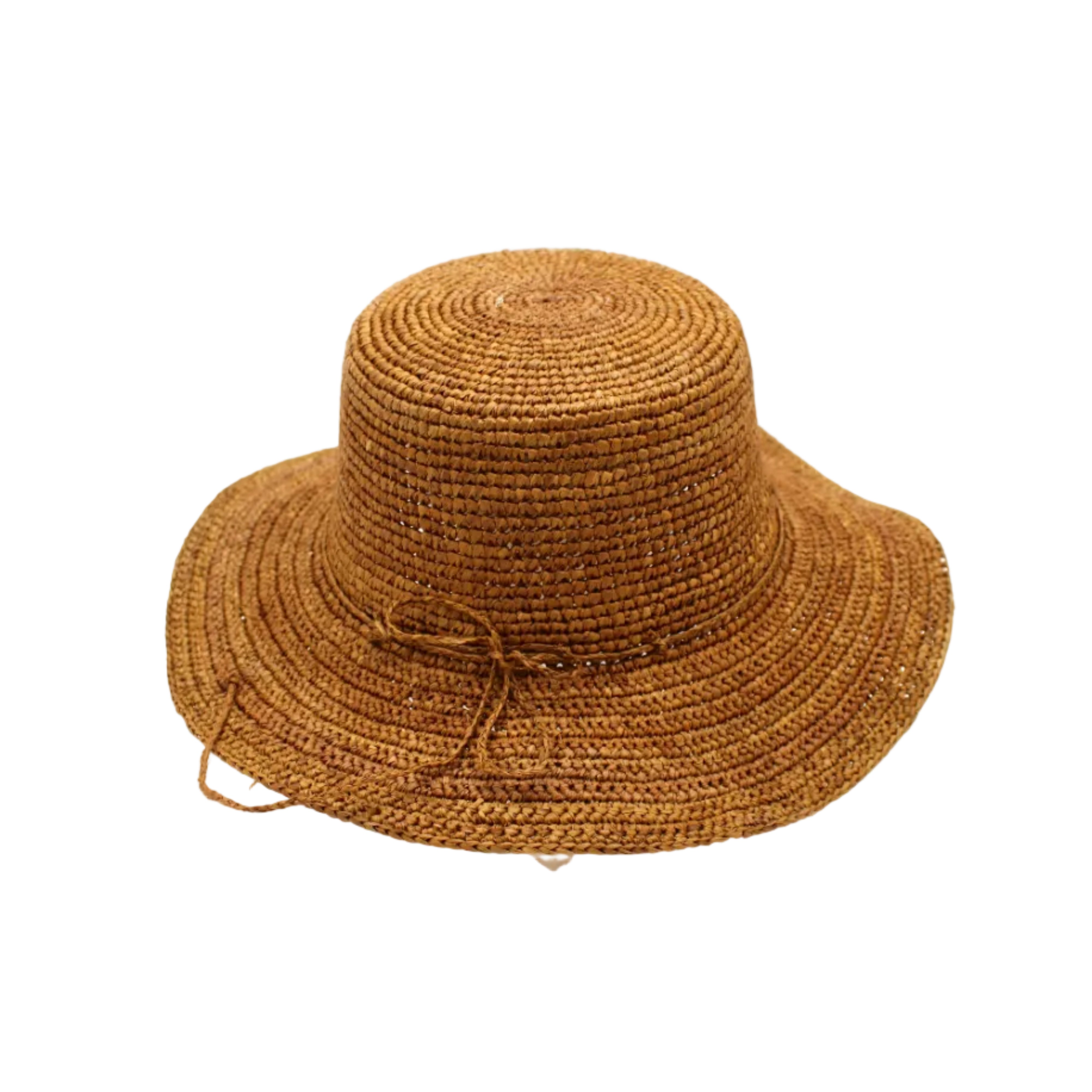 3" Brim Bolero Crochet Straw Sun Hats handmade crochet natural raffia palm fiber in a solid hue of tobacco cinnamon/dark/brown making a concentric pattern from the center top of the flattened crown spiraling out to the edge of the brim with matching adjustable raffia braid hat band - Shebobo