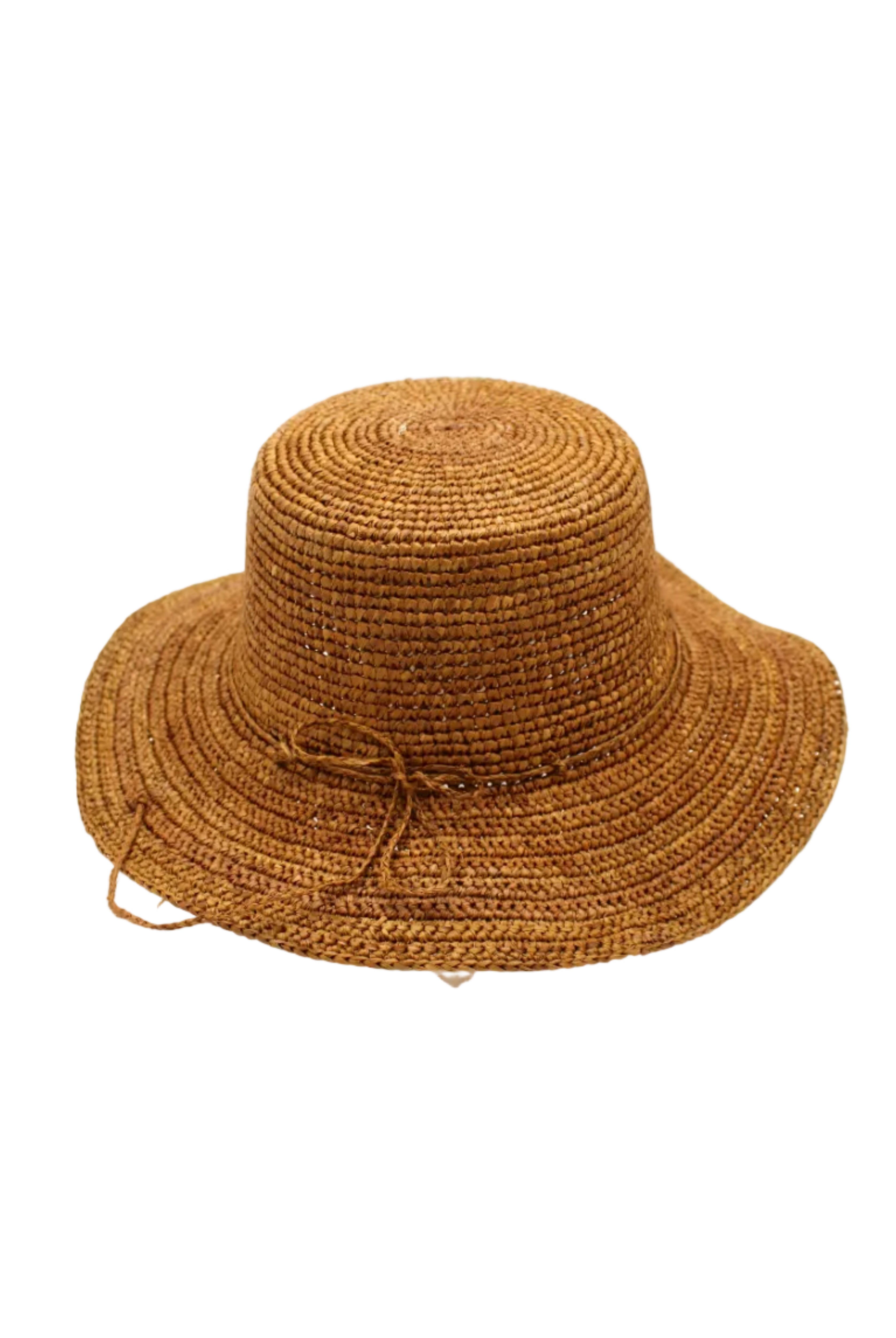 3" Brim Bolero Crochet Straw Sun Hats handmade crochet natural raffia palm fiber in a solid hue of tobacco cinnamon/dark/brown making a concentric pattern from the center top of the flattened crown spiraling out to the edge of the brim with matching adjustable raffia braid hat band - Shebobo