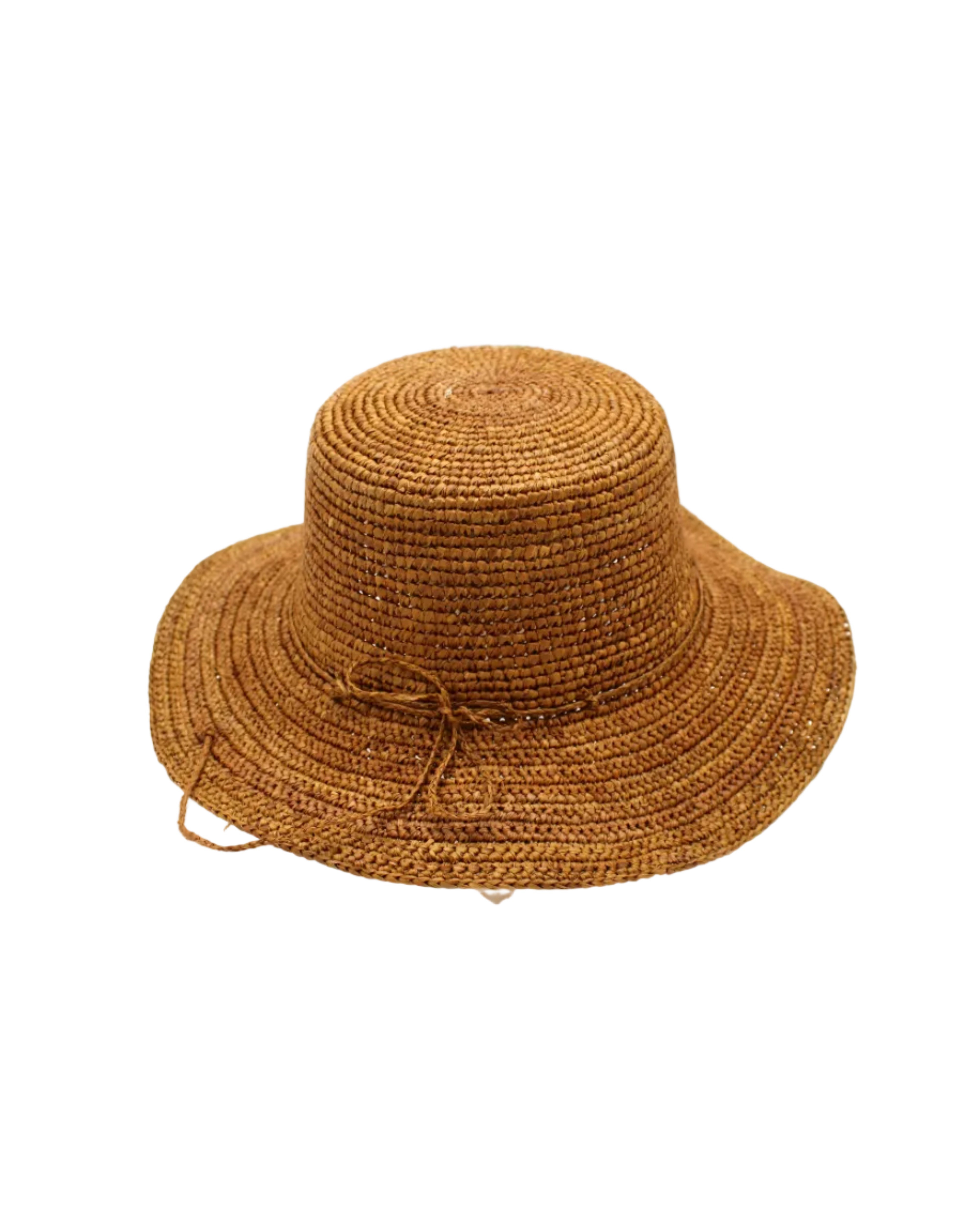 3" Brim Bolero Crochet Straw Sun Hats handmade crochet natural raffia palm fiber in a solid hue of tobacco cinnamon/dark/brown making a concentric pattern from the center top of the flattened crown spiraling out to the edge of the brim with matching adjustable raffia braid hat band - Shebobo