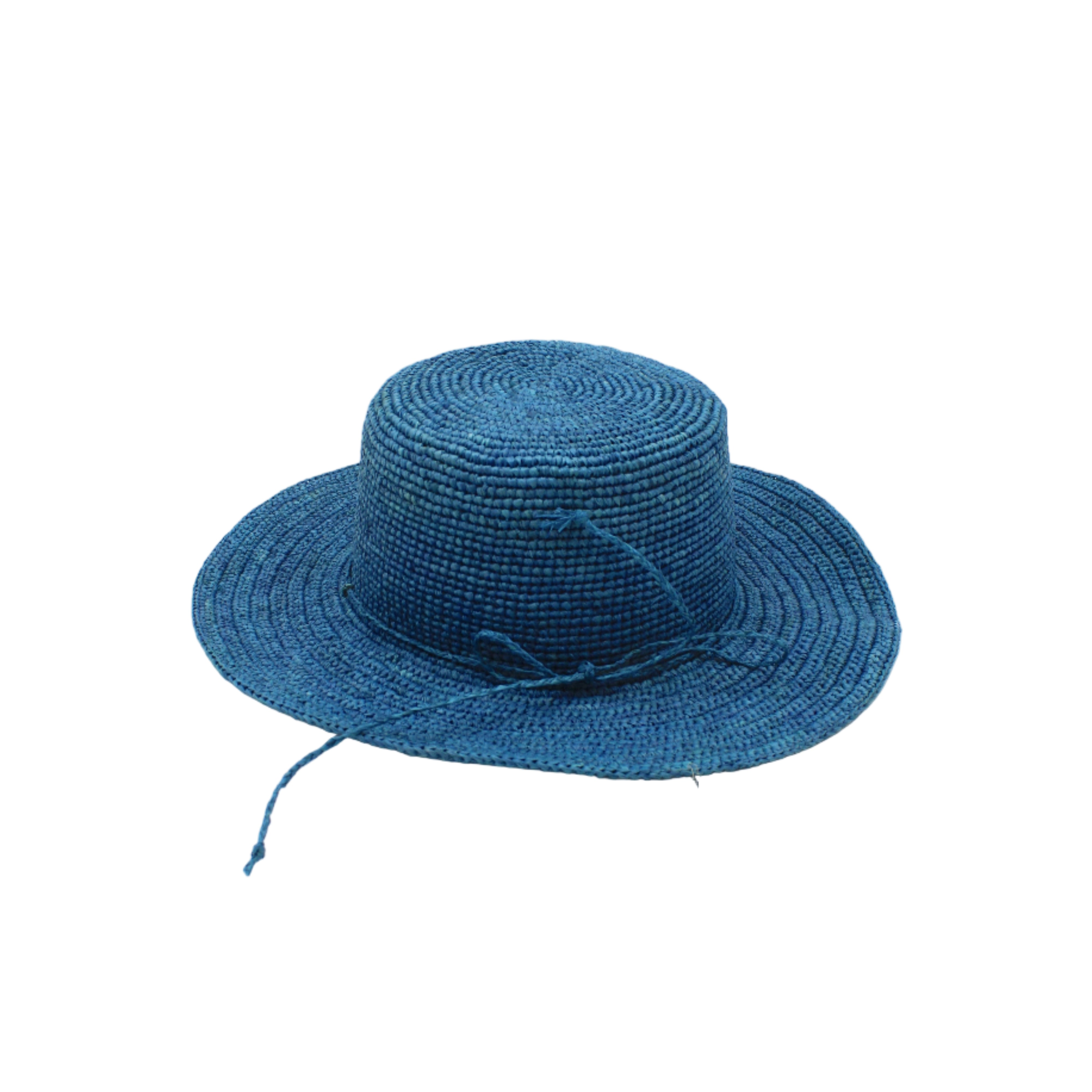 3" Brim Bolero Crochet Straw Sun Hats handmade crochet natural raffia palm fiber in a solid hue of turquoise blue/green making a concentric pattern from the center top of the flattened crown spiraling out to the edge of the brim with matching adjustable raffia braid hat band - Shebobo