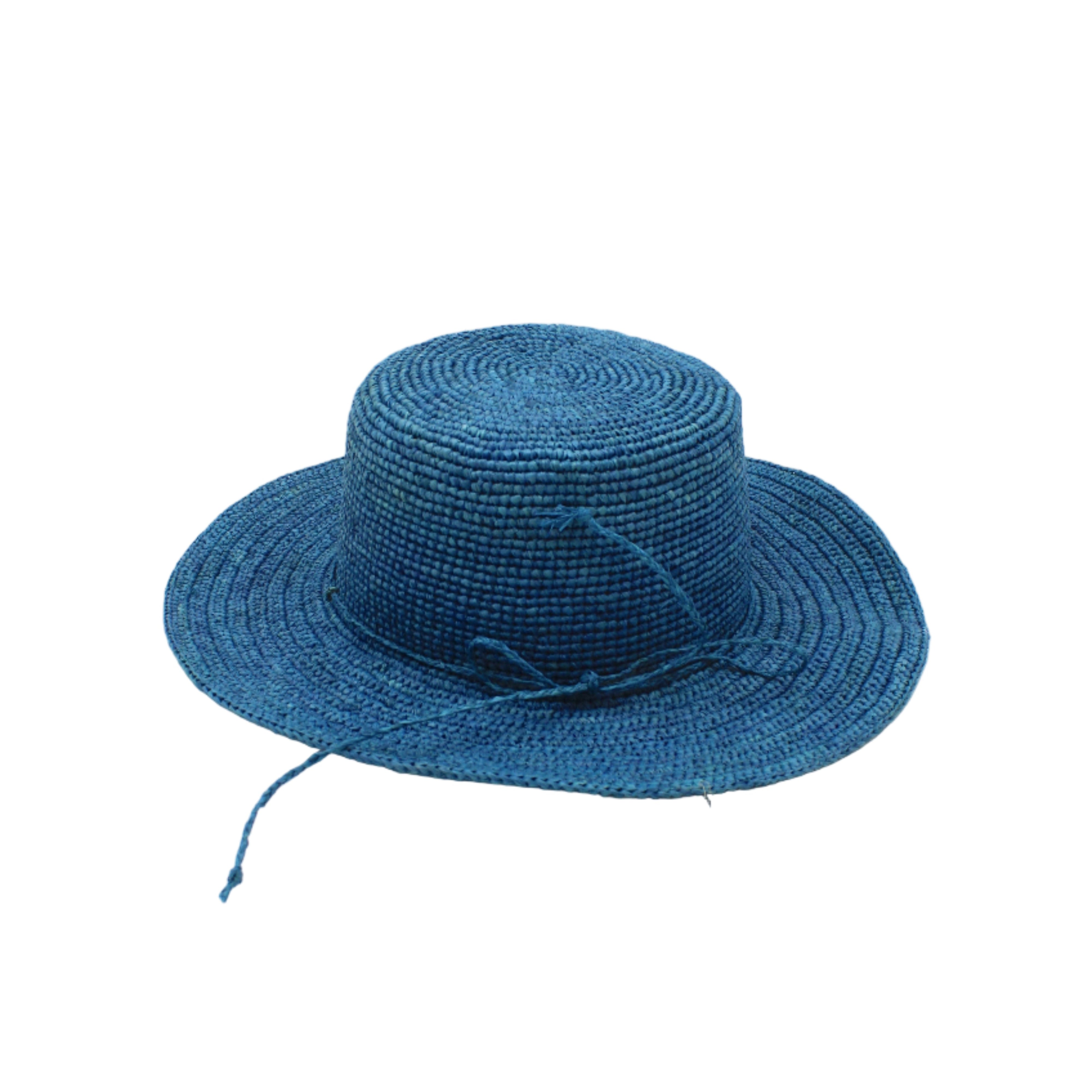 3" Brim Bolero Crochet Straw Sun Hats handmade crochet natural raffia palm fiber in a solid hue of turquoise blue/green making a concentric pattern from the center top of the flattened crown spiraling out to the edge of the brim with matching adjustable raffia braid hat band - Shebobo