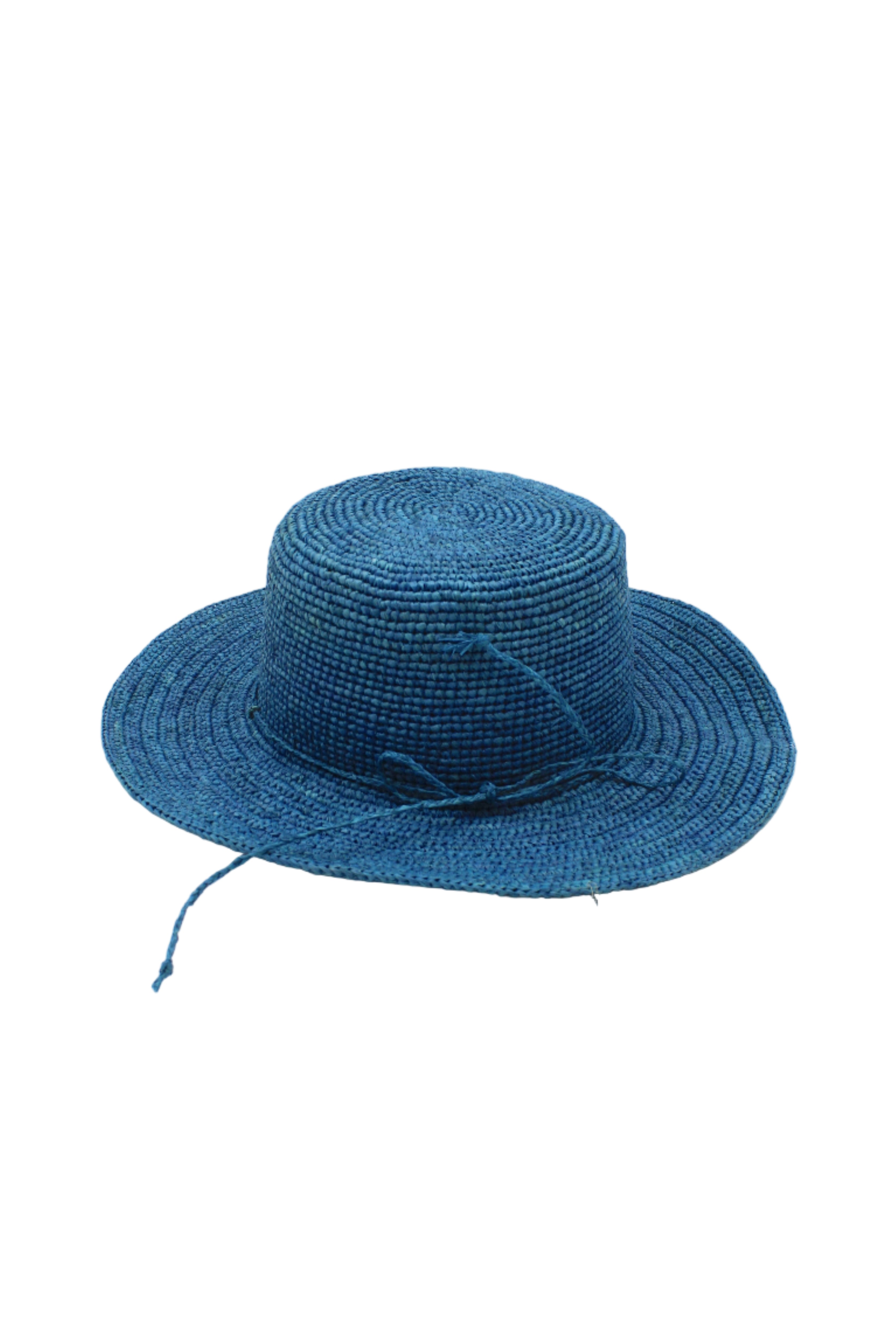 3" Brim Bolero Crochet Straw Sun Hats handmade crochet natural raffia palm fiber in a solid hue of turquoise blue/green making a concentric pattern from the center top of the flattened crown spiraling out to the edge of the brim with matching adjustable raffia braid hat band - Shebobo