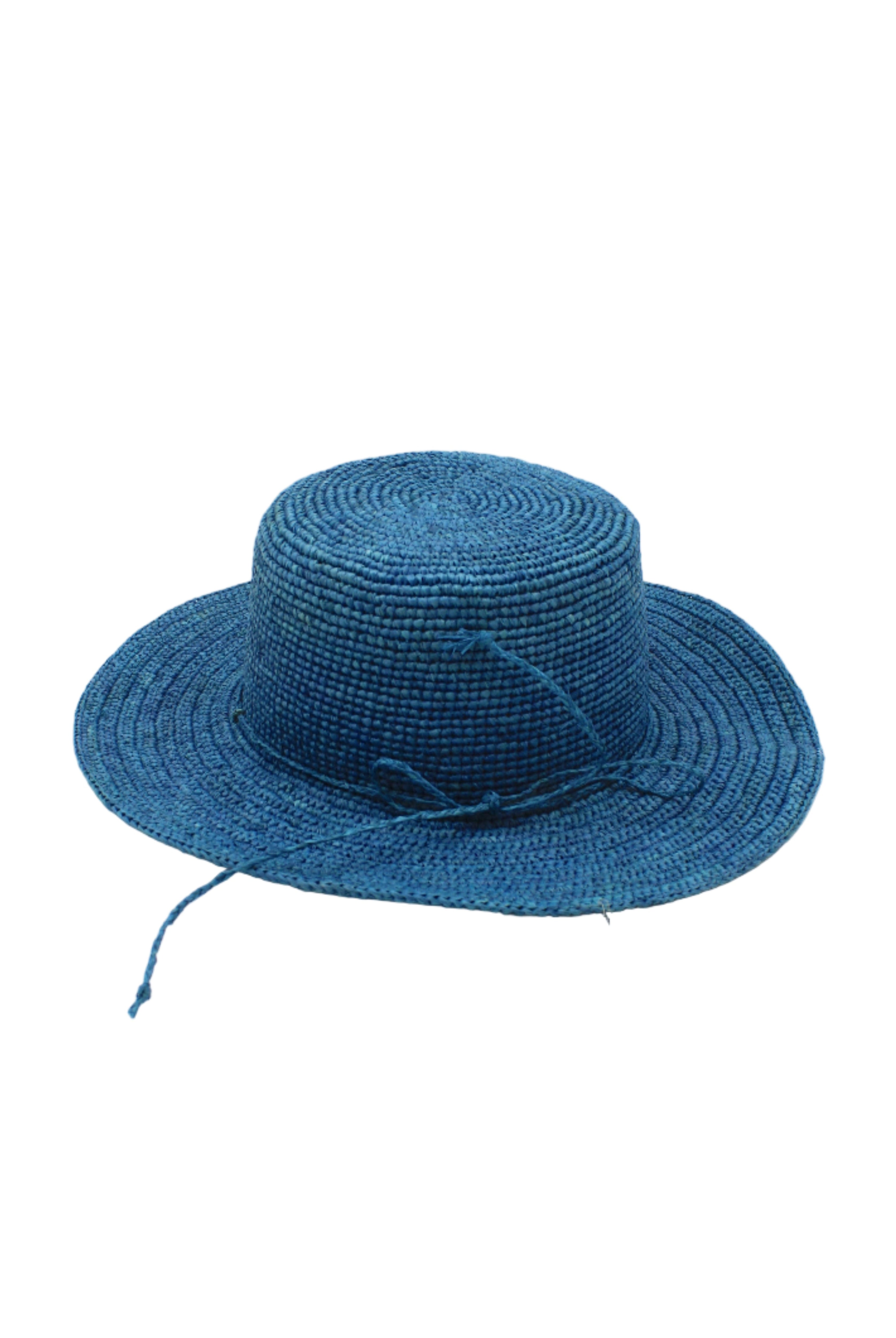 3" Brim Bolero Crochet Straw Sun Hats handmade crochet natural raffia palm fiber in a solid hue of turquoise blue/green making a concentric pattern from the center top of the flattened crown spiraling out to the edge of the brim with matching adjustable raffia braid hat band - Shebobo