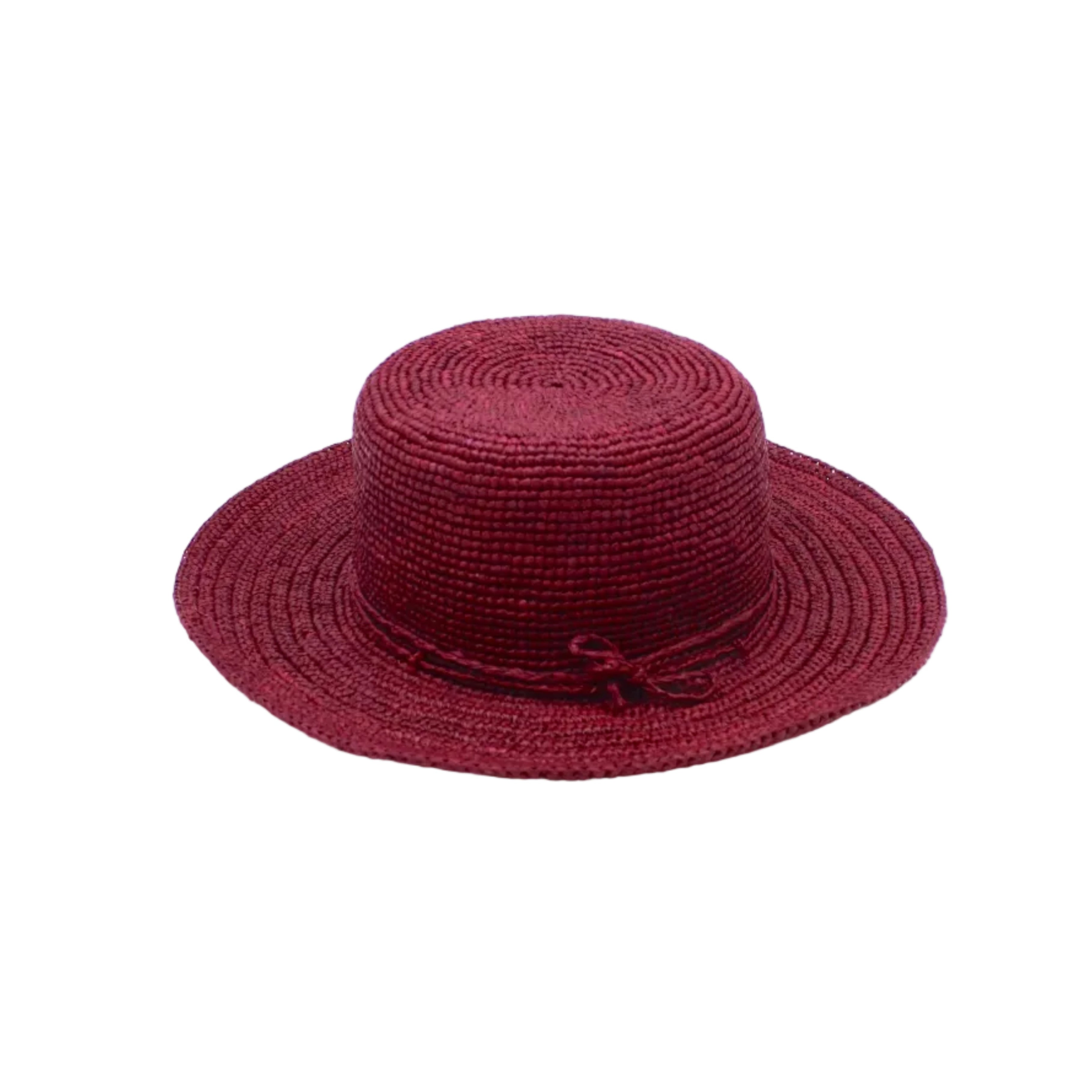 3" Brim Bolero Crochet Straw Sun Hats handmade crochet natural raffia palm fiber in a solid hue of umberwine bordeaux/claret/deep/dark/red/purple making a concentric pattern from the center top of the flattened crown spiraling out to the edge of the brim with matching adjustable raffia braid hat band - Shebobo