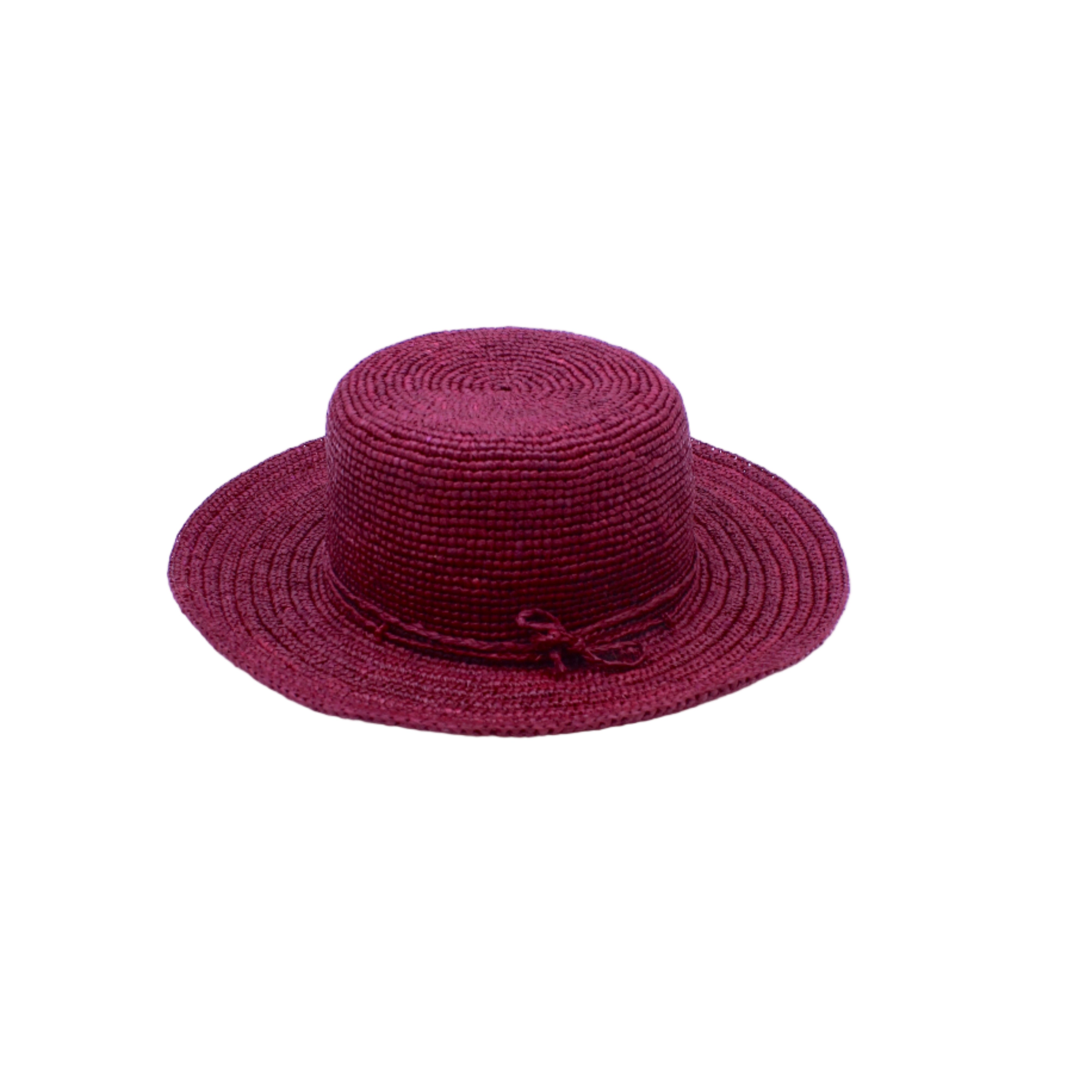 3" Brim Bolero Crochet Straw Sun Hats handmade crochet natural raffia palm fiber in a solid hue of umberwine bordeaux/claret/deep/dark/red/purple making a concentric pattern from the center top of the flattened crown spiraling out to the edge of the brim with matching adjustable raffia braid hat band - Shebobo