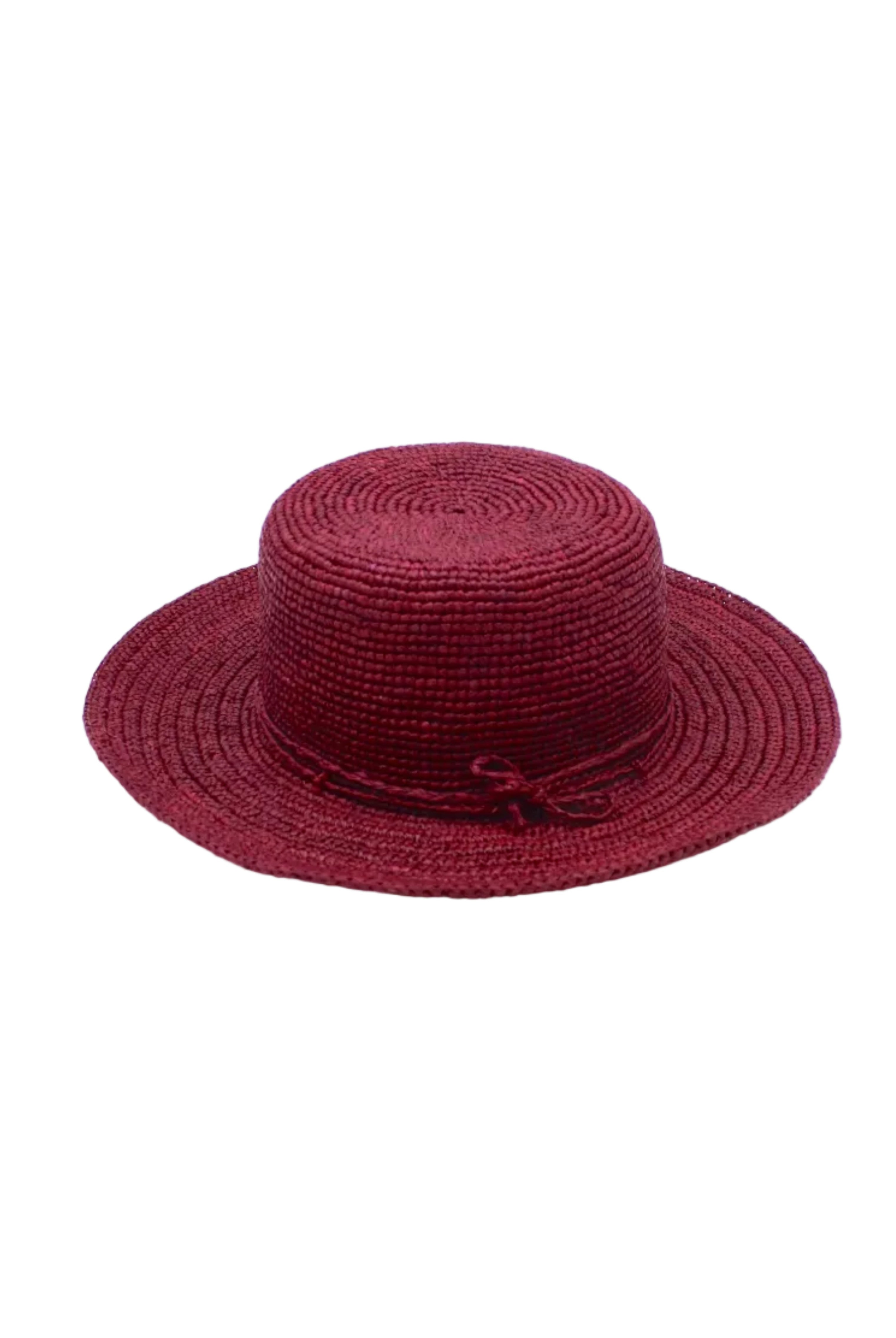 3" Brim Bolero Crochet Straw Sun Hats handmade crochet natural raffia palm fiber in a solid hue of umberwine bordeaux/claret/deep/dark/red/purple making a concentric pattern from the center top of the flattened crown spiraling out to the edge of the brim with matching adjustable raffia braid hat band - Shebobo