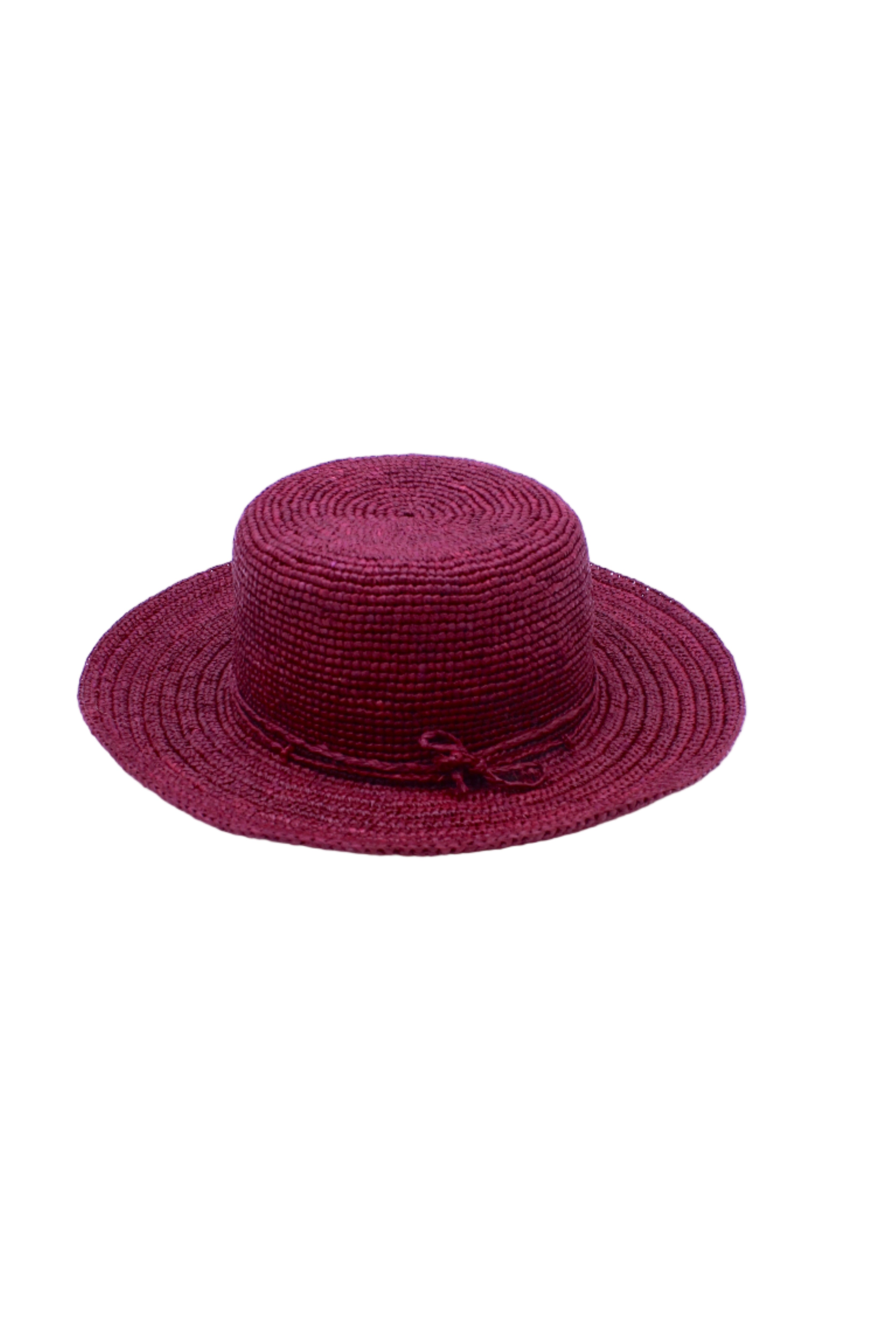 3" Brim Bolero Crochet Straw Sun Hats handmade crochet natural raffia palm fiber in a solid hue of umberwine bordeaux/claret/deep/dark/red/purple making a concentric pattern from the center top of the flattened crown spiraling out to the edge of the brim with matching adjustable raffia braid hat band - Shebobo