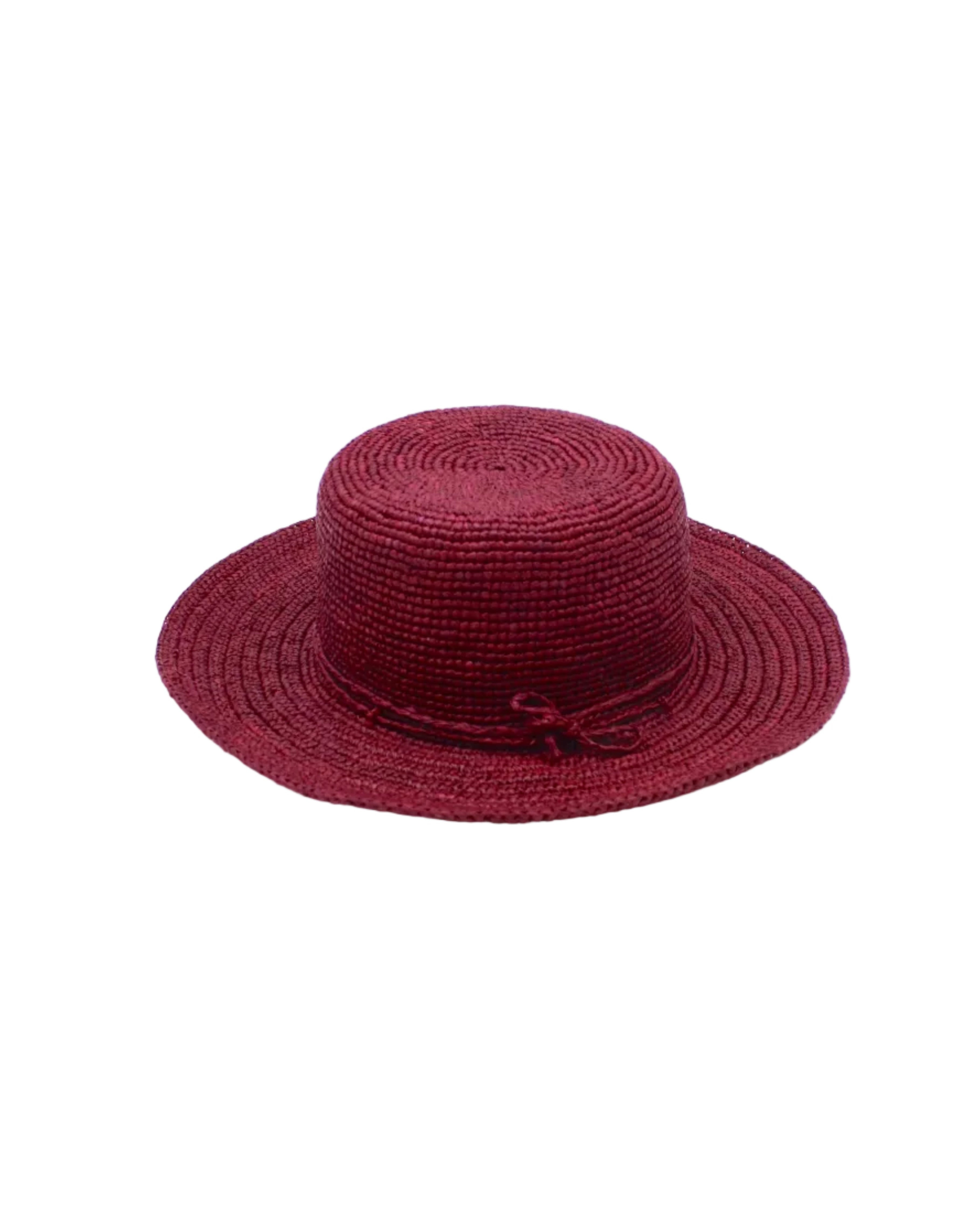 3" Brim Bolero Crochet Straw Sun Hats handmade crochet natural raffia palm fiber in a solid hue of umberwine bordeaux/claret/deep/dark/red/purple making a concentric pattern from the center top of the flattened crown spiraling out to the edge of the brim with matching adjustable raffia braid hat band - Shebobo