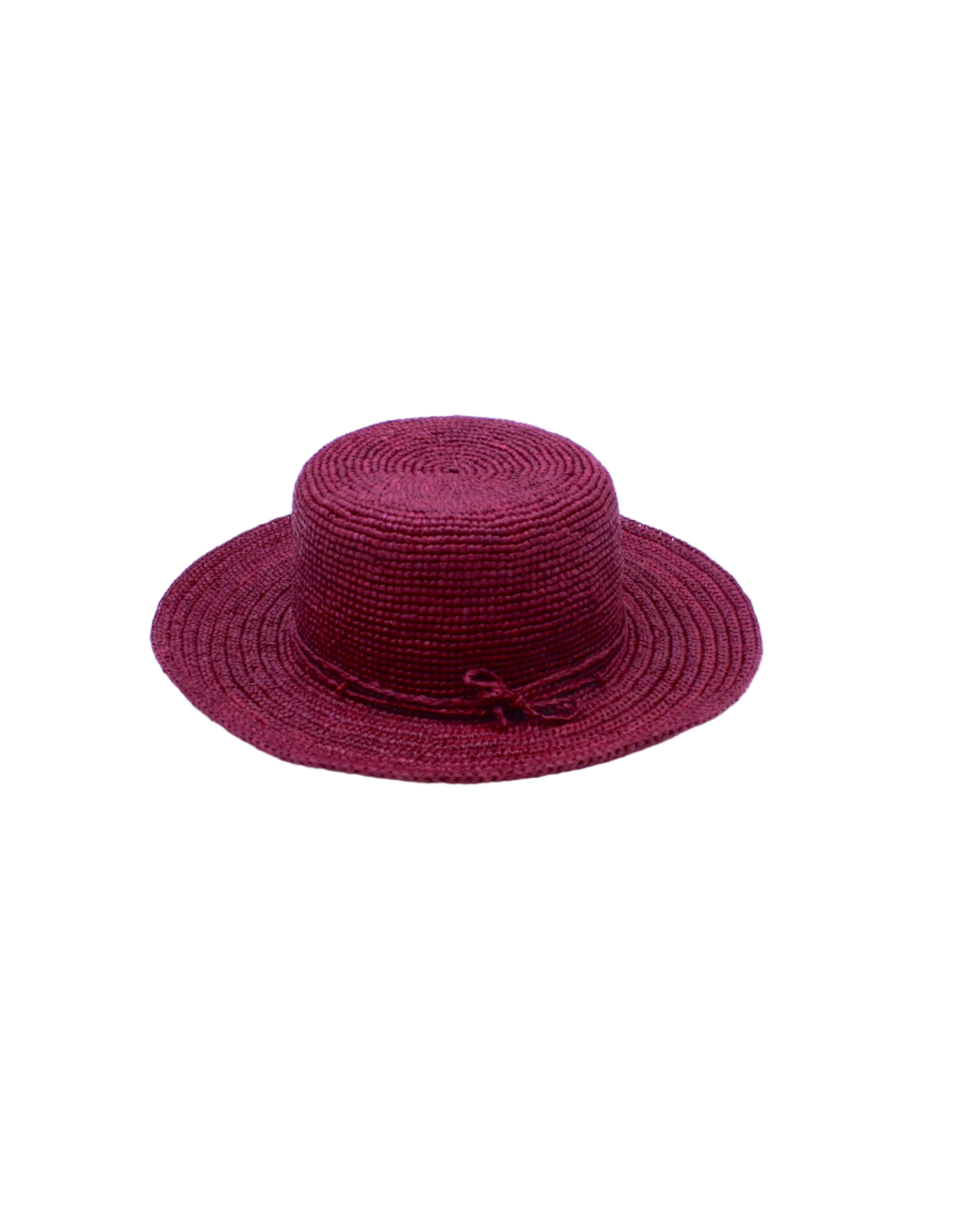 3" Brim Bolero Crochet Straw Sun Hats handmade crochet natural raffia palm fiber in a solid hue of umberwine bordeaux/claret/deep/dark/red/purple making a concentric pattern from the center top of the flattened crown spiraling out to the edge of the brim with matching adjustable raffia braid hat band - Shebobo