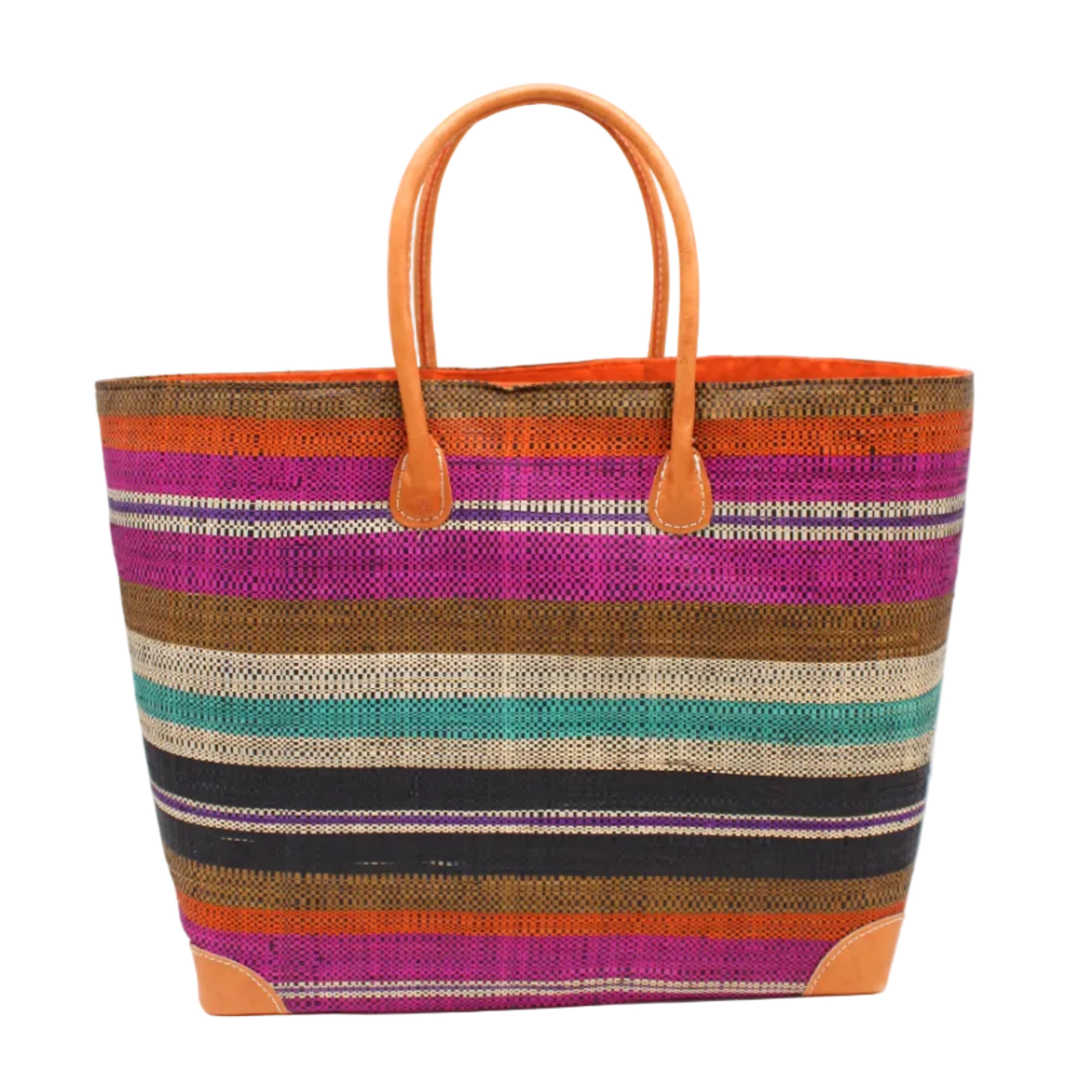 Bolinas Revel Swirl XL Straw Basket Bag handmade loomed natural raffia palm fiber in a multicolor horizontal stripe pattern of multiple width bands of tobacco cinnamon/dark/brown, coral orange/red, orchid pink/purple, natural straw color, purple, seafoam blue/green, black, etc. with leather handles and accents large tote bag shoulder bag handbag beach bag - Shebobo