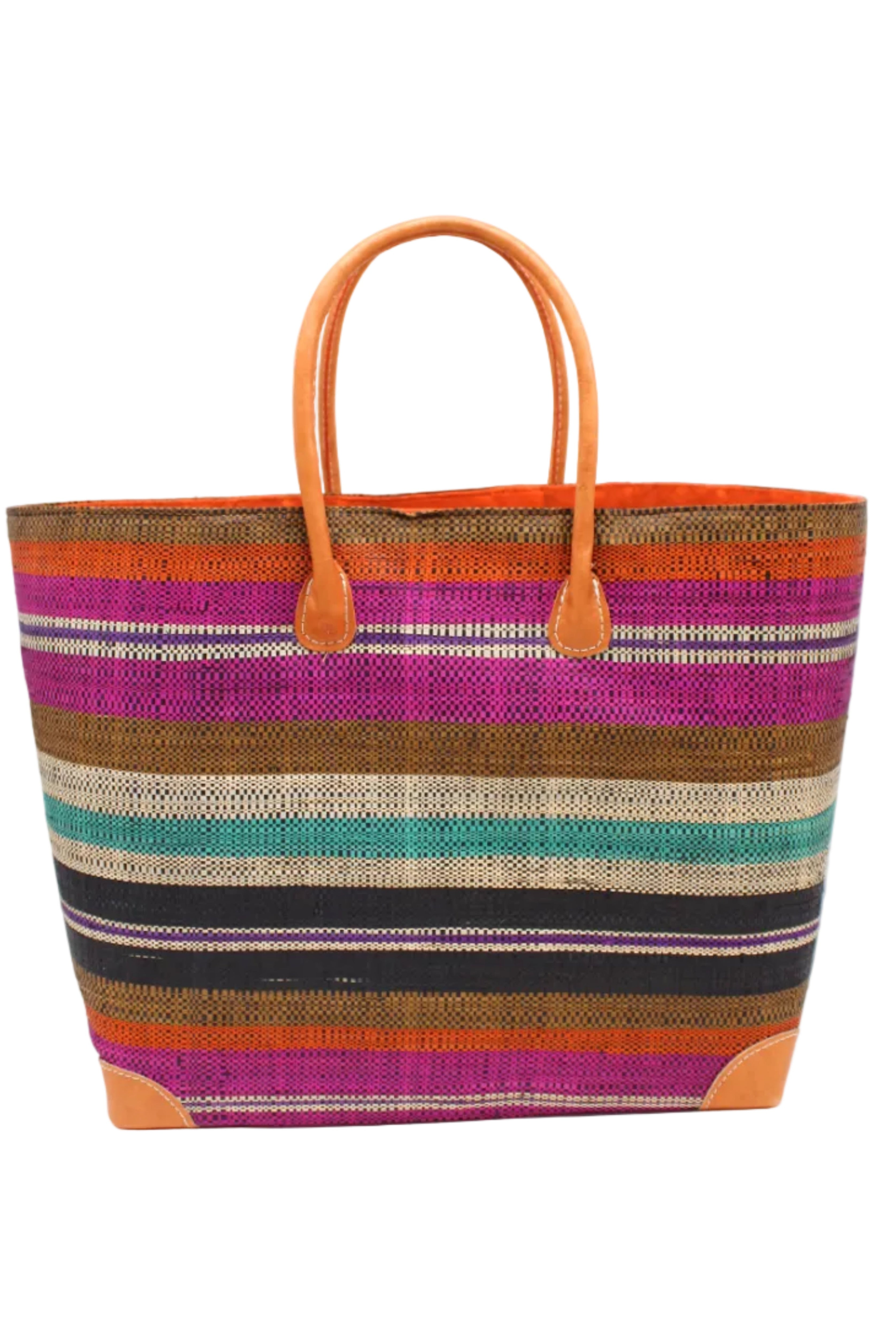 Bolinas Revel Swirl XL Straw Basket Bag handmade loomed natural raffia palm fiber in a multicolor horizontal stripe pattern of multiple width bands of tobacco cinnamon/dark/brown, coral orange/red, orchid pink/purple, natural straw color, purple, seafoam blue/green, black, etc. with leather handles and accents large tote bag shoulder bag handbag beach bag - Shebobo