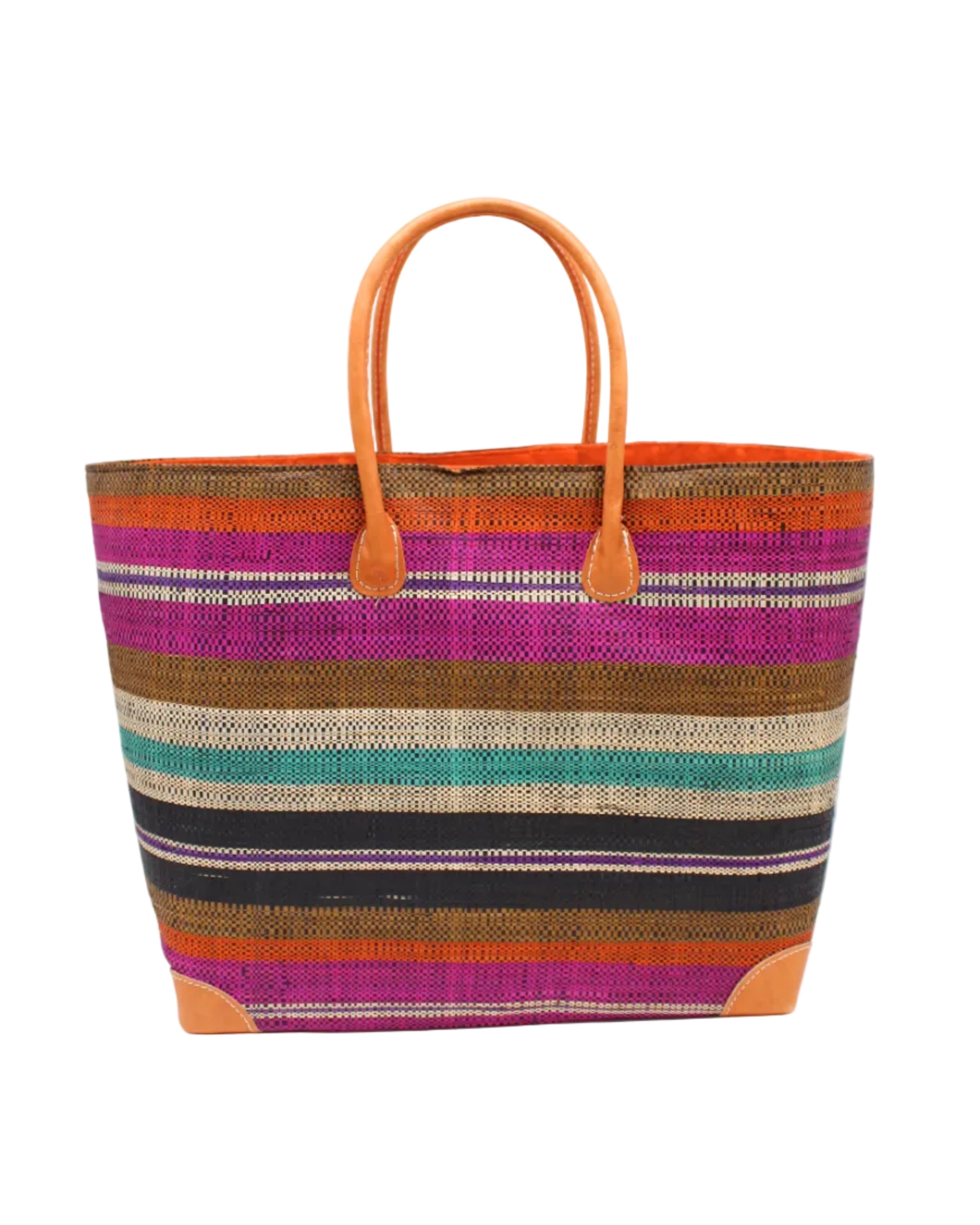 Bolinas Revel Swirl XL Straw Basket Bag handmade loomed natural raffia palm fiber in a multicolor horizontal stripe pattern of multiple width bands of tobacco cinnamon/dark/brown, coral orange/red, orchid pink/purple, natural straw color, purple, seafoam blue/green, black, etc. with leather handles and accents large tote bag shoulder bag handbag beach bag - Shebobo