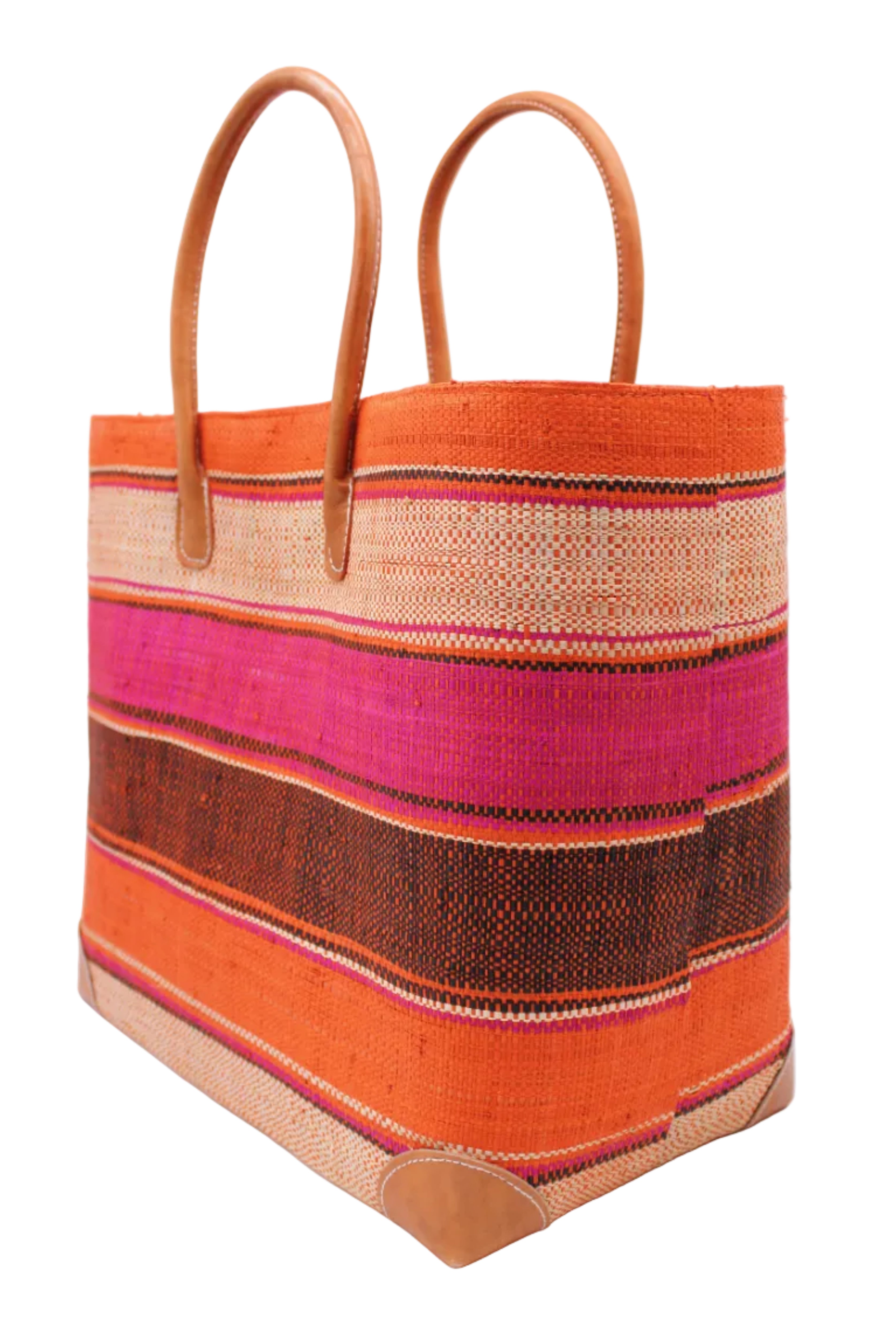 Side view Bolinas Whimsy Swirl XL Straw Basket Bag handmade loomed natural raffia palm fiber in a multicolor horizontal stripe pattern of multiple width bands of natural straw color, fuchsia hot/bright/barbie/pink, coral orange/red, black, etc. with leather handles and accents large tote bag shoulder bag handbag beach bag - Shebobo