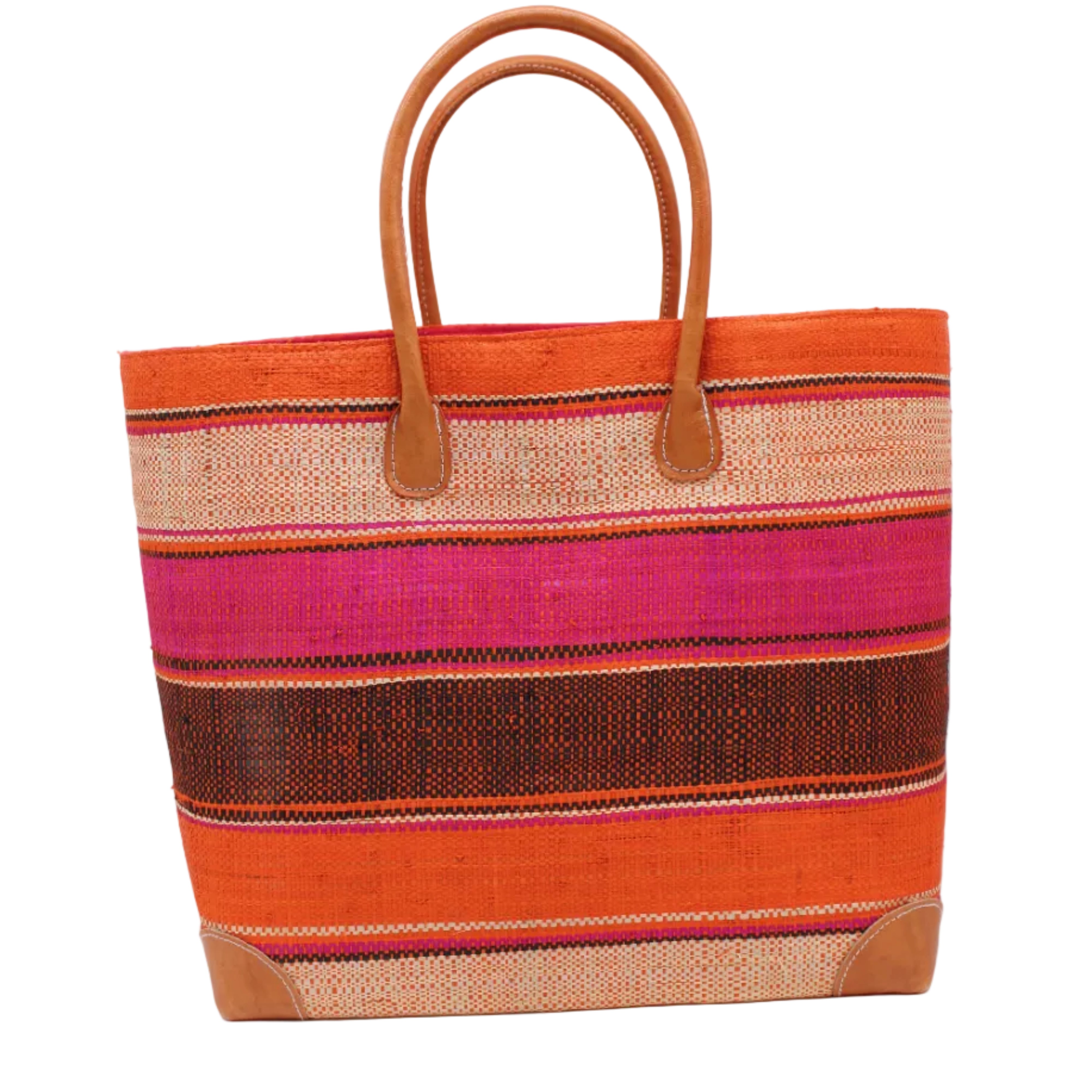 Bolinas Whimsy Swirl XL Straw Basket Bag handmade loomed natural raffia palm fiber in a multicolor horizontal stripe pattern of multiple width bands of natural straw color, fuchsia hot/bright/barbie/pink, coral orange/red, black, etc. with leather handles and accents large tote bag shoulder bag handbag beach bag - Shebobo