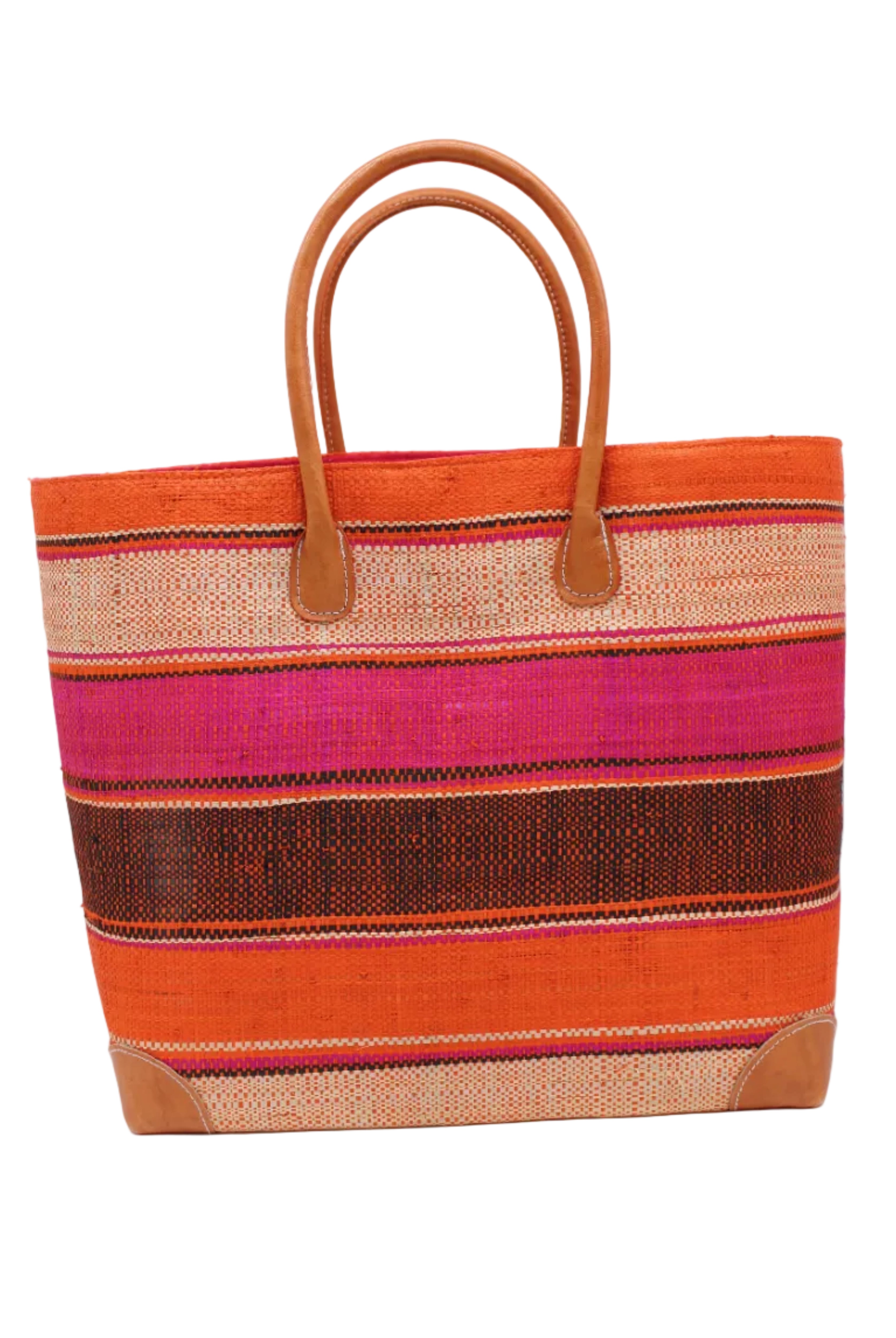 Bolinas Whimsy Swirl XL Straw Basket Bag handmade loomed natural raffia palm fiber in a multicolor horizontal stripe pattern of multiple width bands of natural straw color, fuchsia hot/bright/barbie/pink, coral orange/red, black, etc. with leather handles and accents large tote bag shoulder bag handbag beach bag - Shebobo