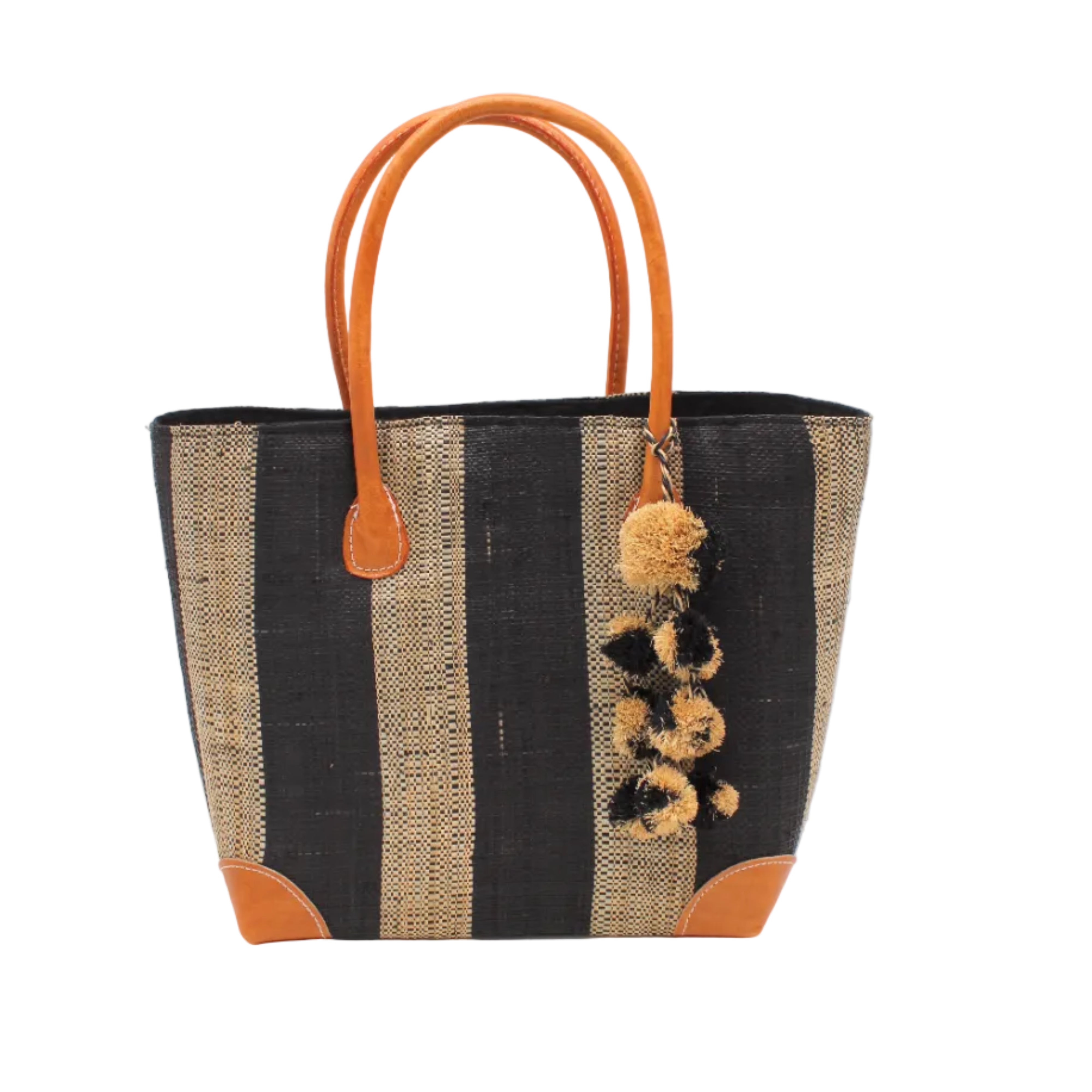 Bora Bora Black Two Tone Stripes Straw Basket Bag with Waterfall Pompoms Charm Embellishment handmade loomed natural raffia palm fiber in a multicolor horizontal stripe pattern of even width wide bands of black and natural straw color with leather handles and feet plus matching waterfall pompom charm embellishment handbag beach bag - Shebobo