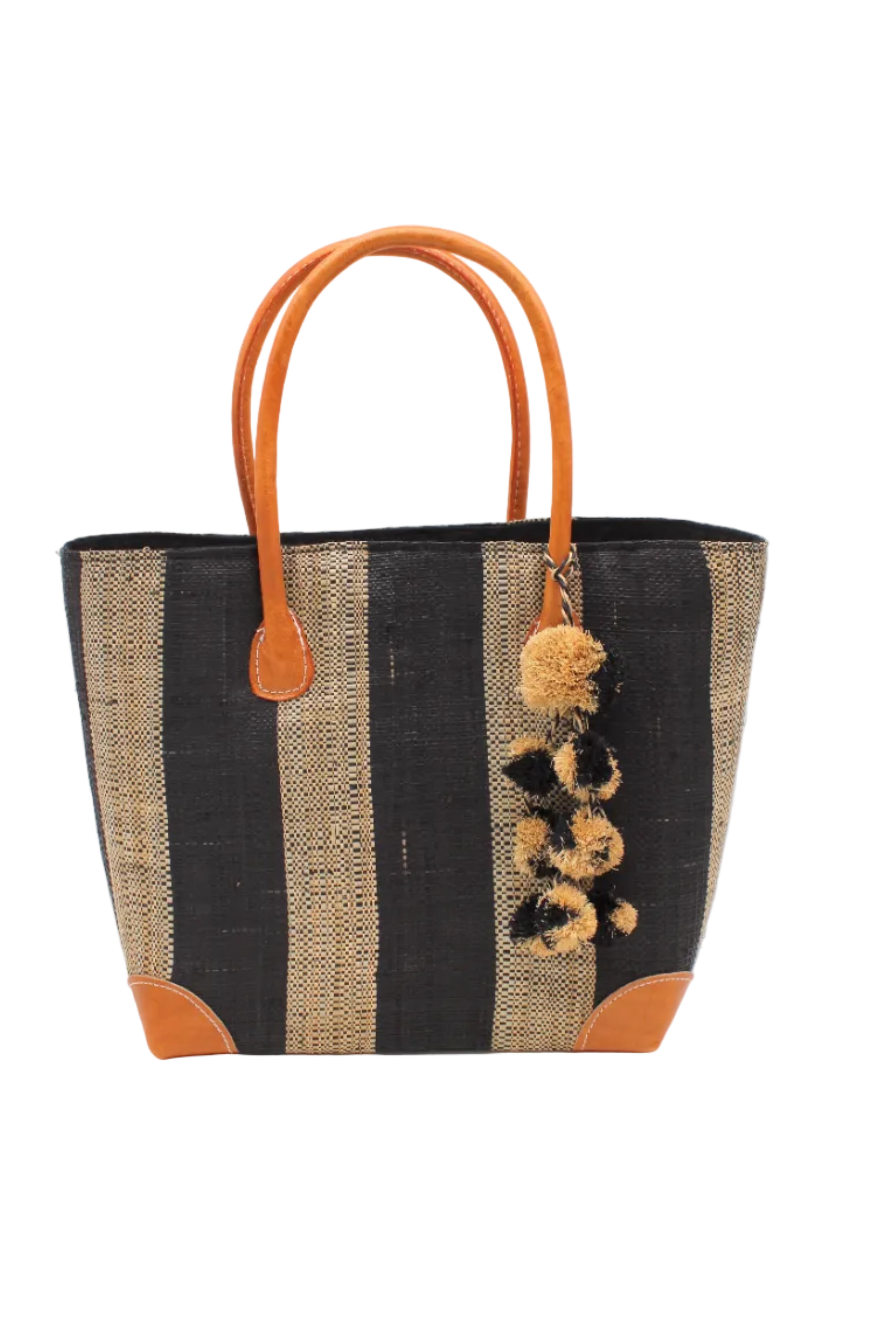 Bora Bora Black Two Tone Stripes Straw Basket Bag with Waterfall Pompoms Charm Embellishment handmade loomed natural raffia palm fiber in a multicolor horizontal stripe pattern of even width wide bands of black and natural straw color with leather handles and feet plus matching waterfall pompom charm embellishment handbag beach bag - Shebobo